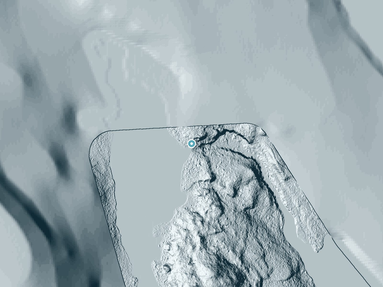 LiDAR bare-earth terrain around Mud Lake Falls near Danforth, Maine, showing about 26 feet of drop, a long cascade, facing south