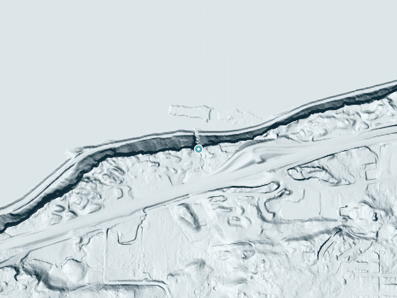 LiDAR bare-earth terrain around Wah Gwin Gwin Falls near Hood River, Oregon, showing about 234 feet of drop, a single sheer drop, facing north