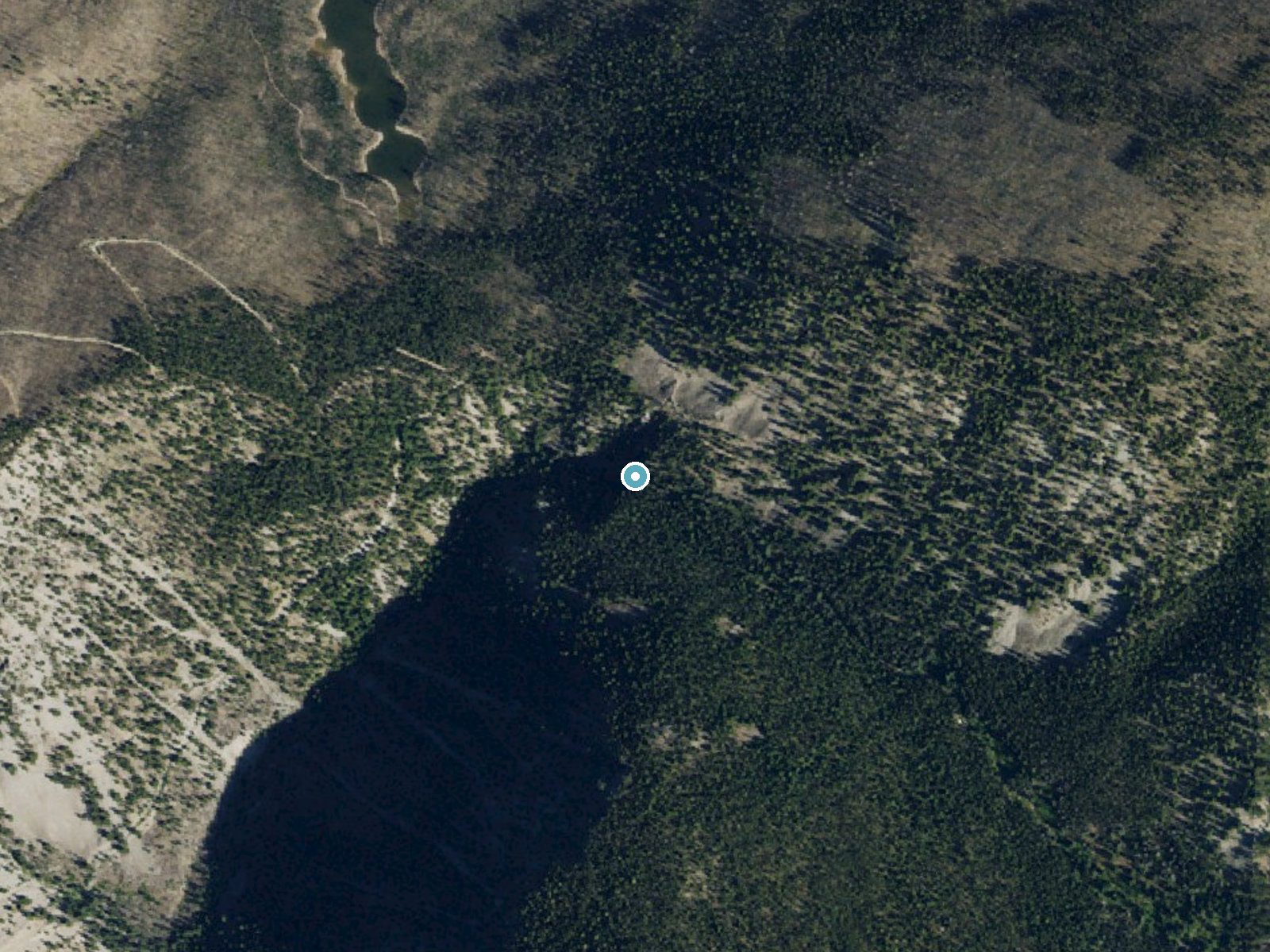 Aerial photo of the same ground around Overwhich Falls near Sula, Montana, for comparison with the lidar view