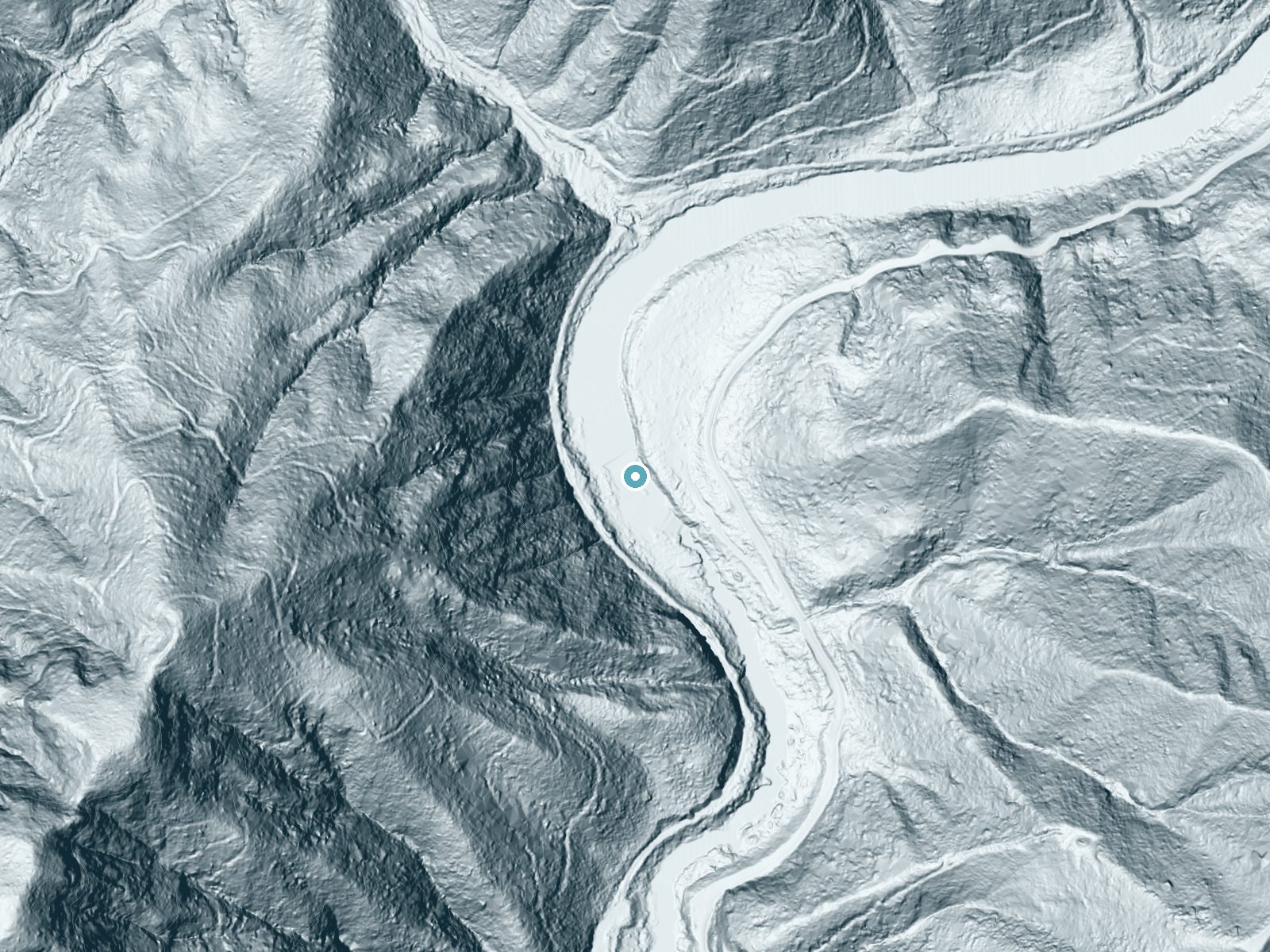 LiDAR bare-earth terrain around Nehalem Falls near Nehalem, Oregon, showing about 37 feet of drop, a steep tiered drop, facing southwest