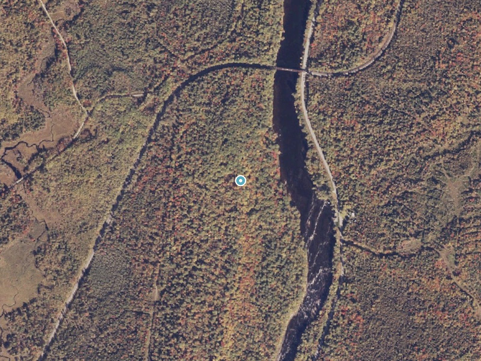 Aerial photo of the same ground around Grindstone Falls near Patten, Maine, for comparison with the lidar view