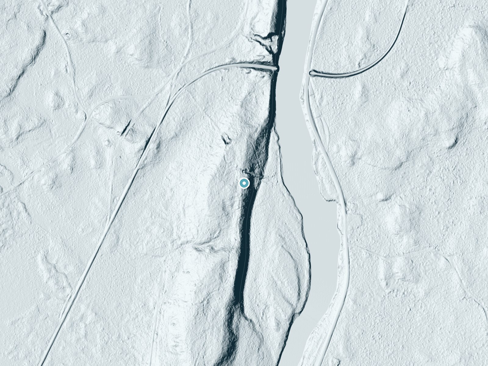LiDAR bare-earth terrain around Grindstone Falls near Patten, Maine, showing about 69 feet of drop, a steep tiered drop, facing east