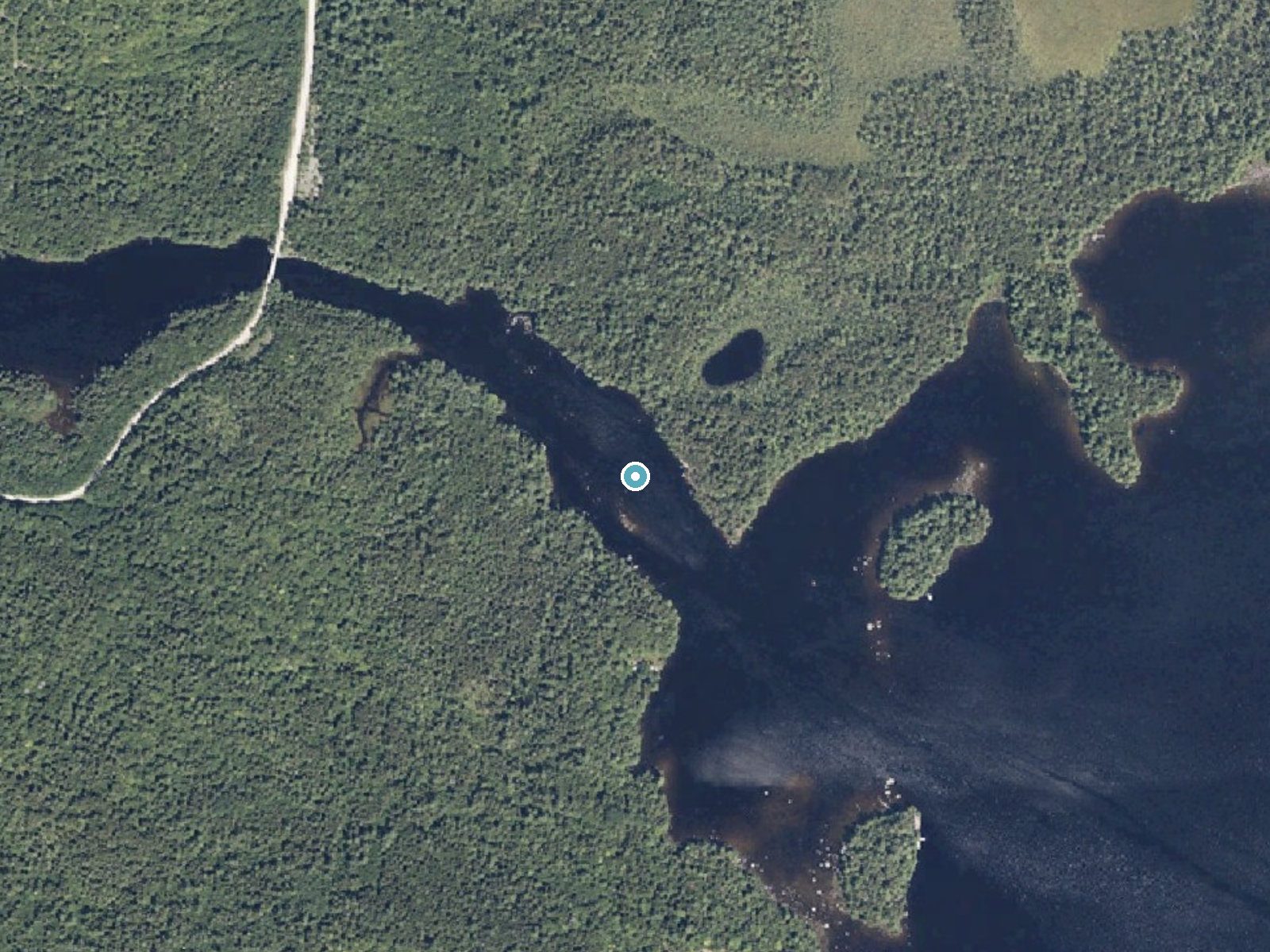 Aerial photo of the same ground around Ambajejus Falls near Brownville Junction, Maine, for comparison with the lidar view