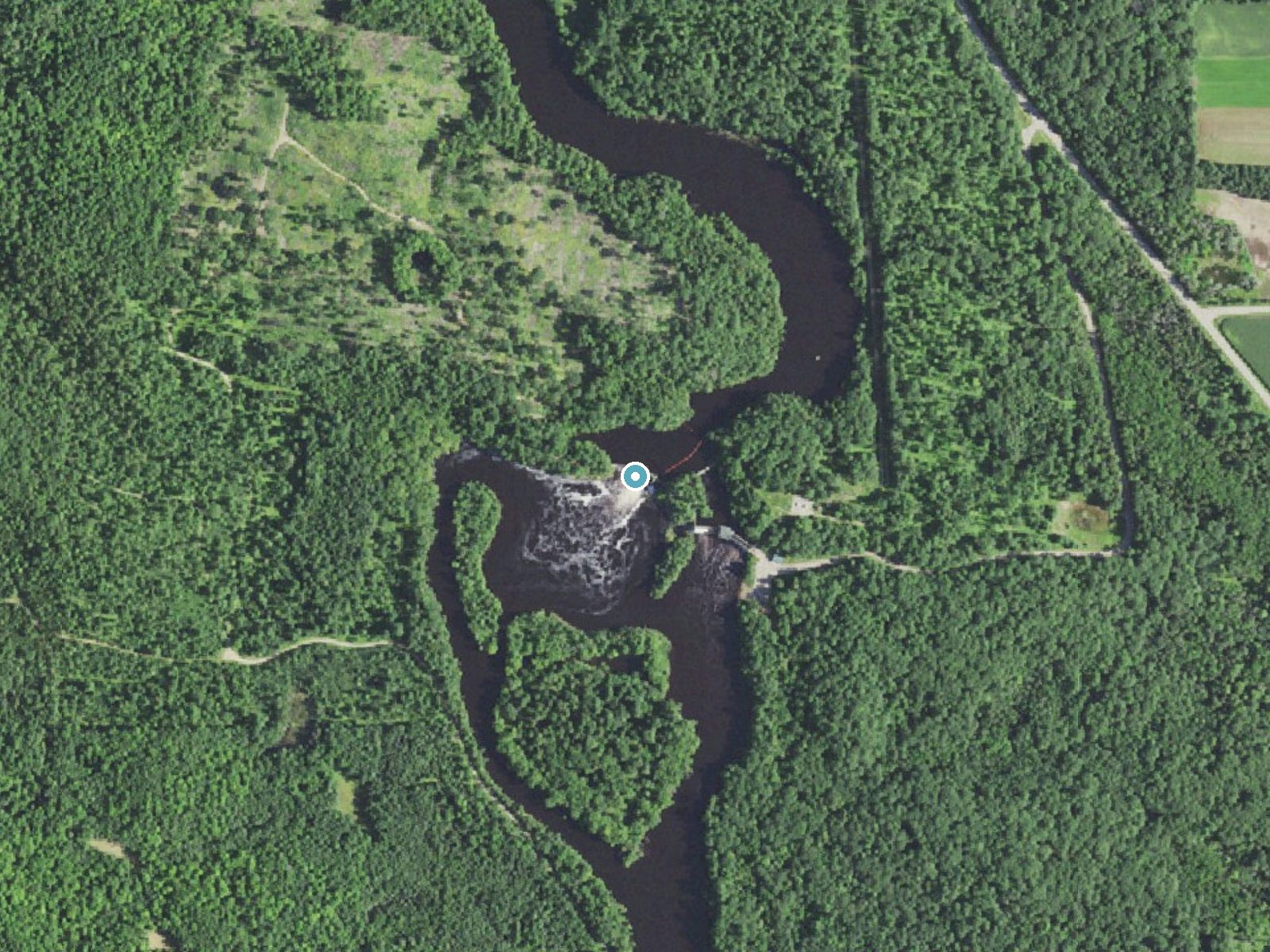 Aerial photo of the same ground around Sturgeon Falls (historical) near Norway, Wisconsin, for comparison with the lidar view