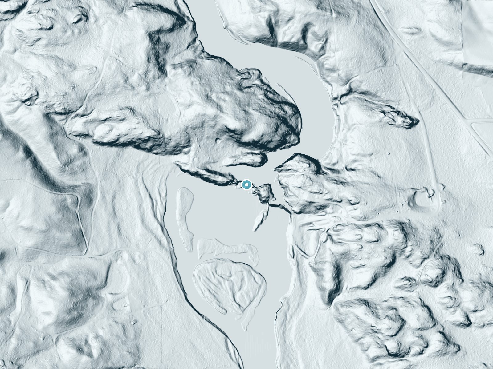 LiDAR bare-earth terrain around Sturgeon Falls (historical) near Norway, Wisconsin, showing about 59 feet of drop, a long cascade, facing south