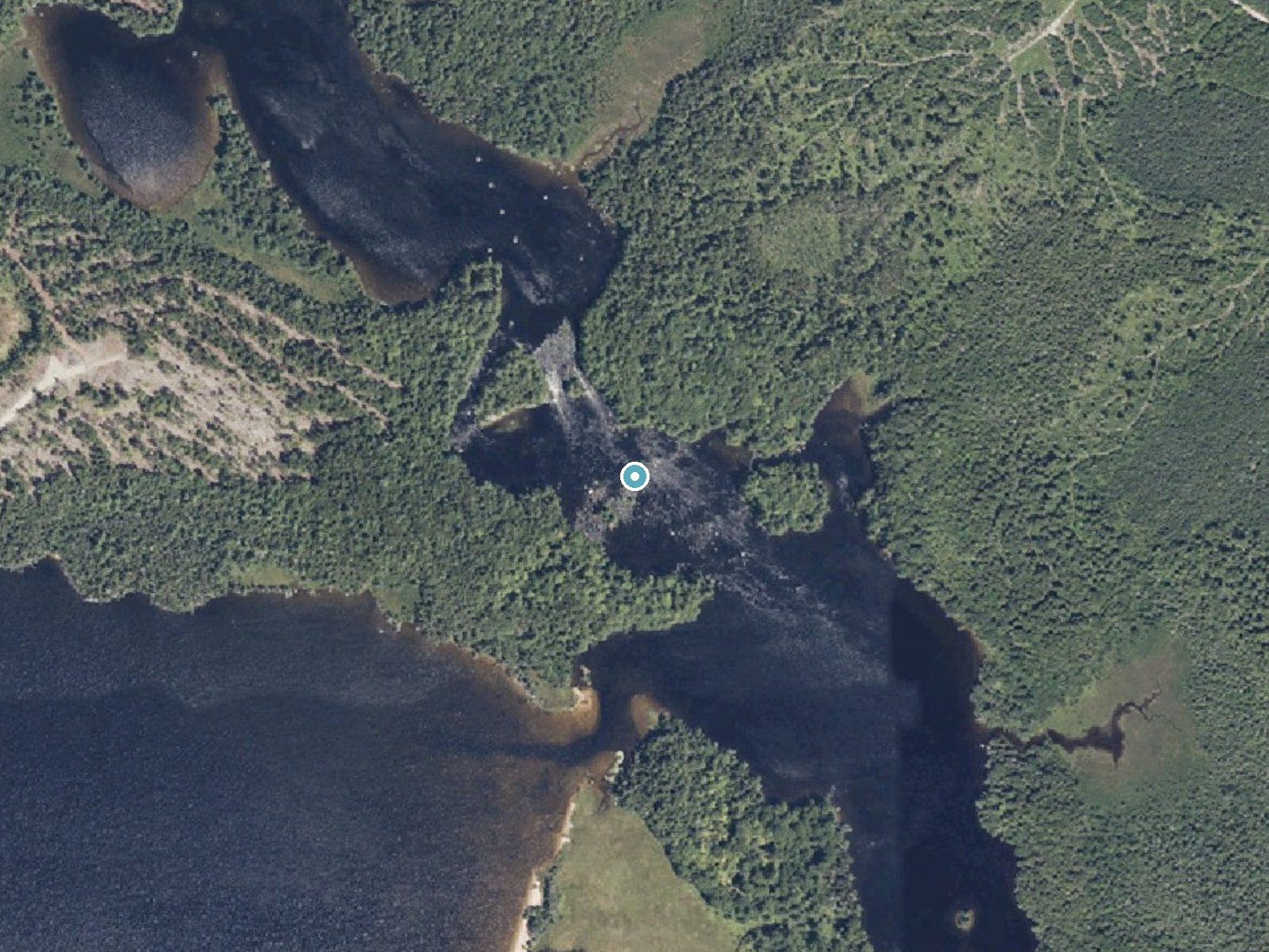 Aerial photo of the same ground around Passamagamet Falls near Brownville Junction, Maine, for comparison with the lidar view