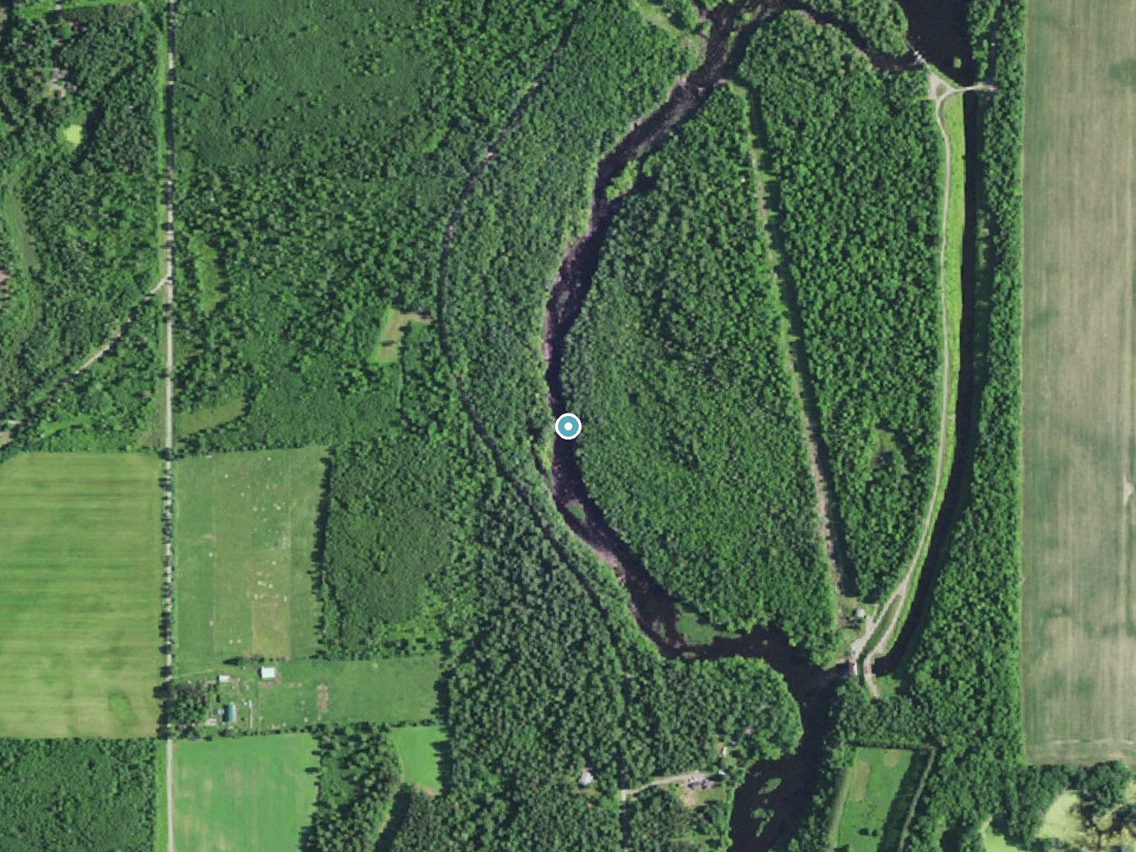 Aerial photo of the same ground around Bellile Falls near Radisson, Wisconsin, for comparison with the lidar view