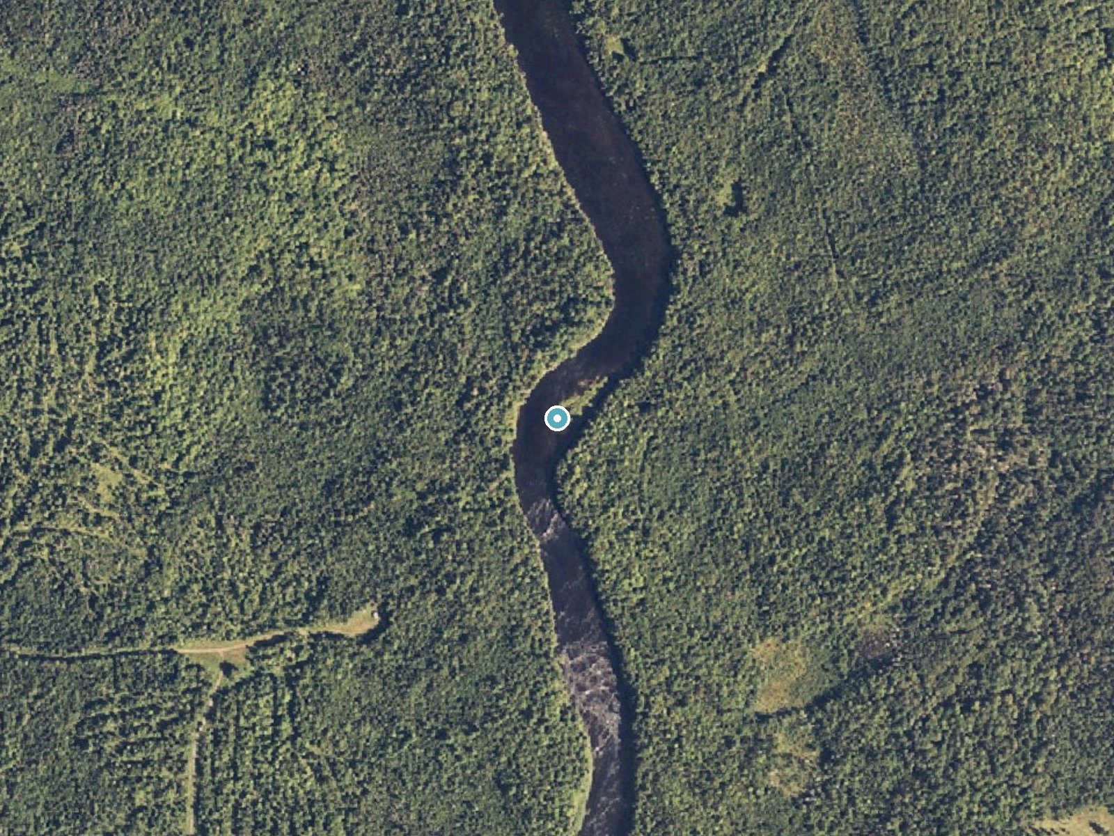 Aerial photo of the same ground around Ledge Falls near Danforth, Maine, for comparison with the lidar view