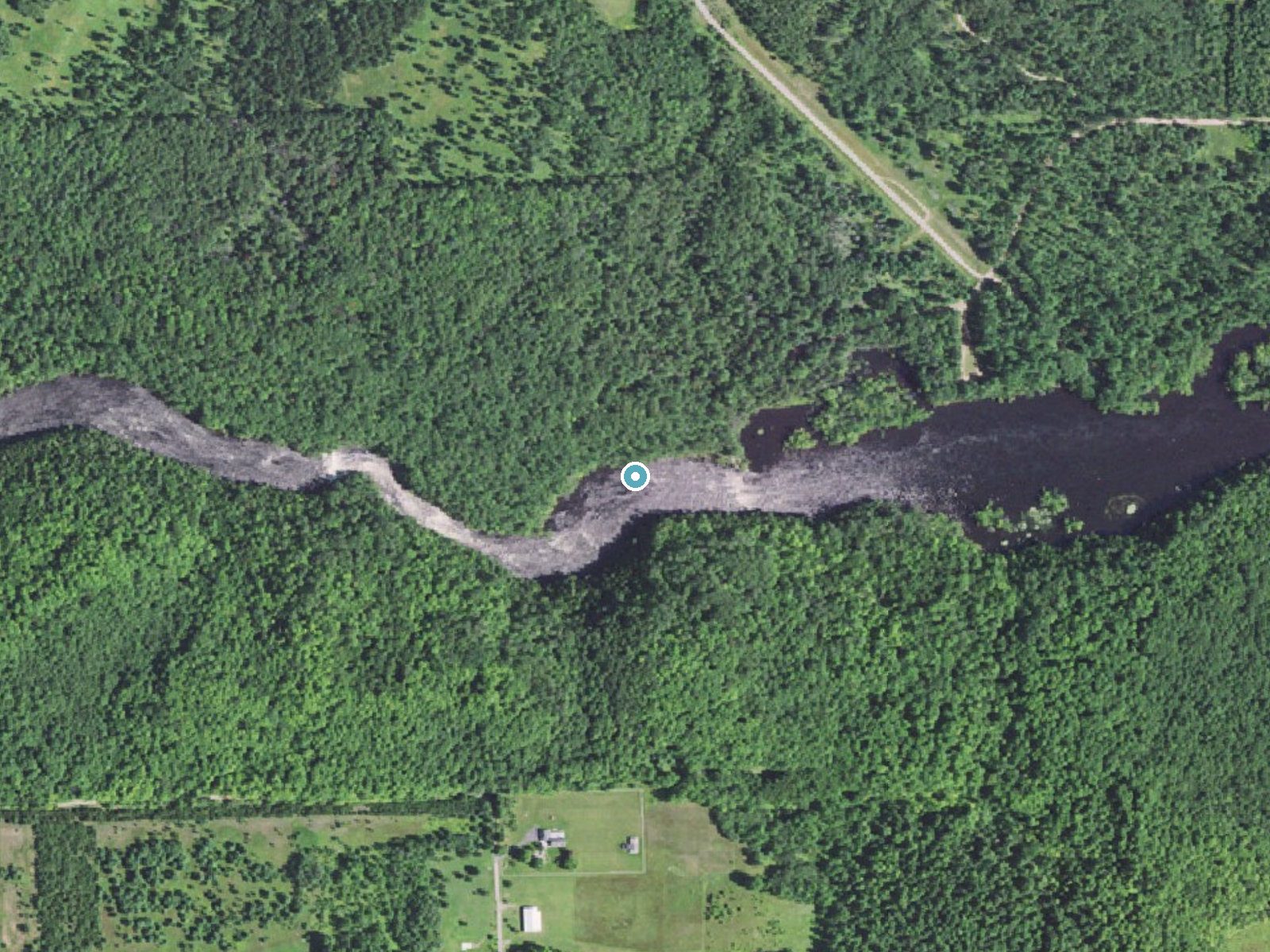 Aerial photo of the same ground around Piers Gorge Falls near Norway, Michigan, for comparison with the lidar view