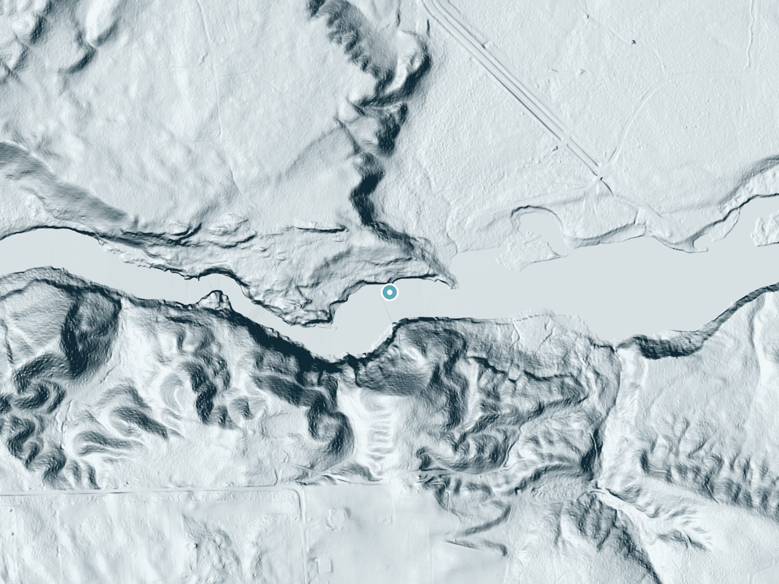 LiDAR bare-earth terrain around Piers Gorge Falls near Norway, Michigan, showing about 56 feet of drop, a long cascade, facing south