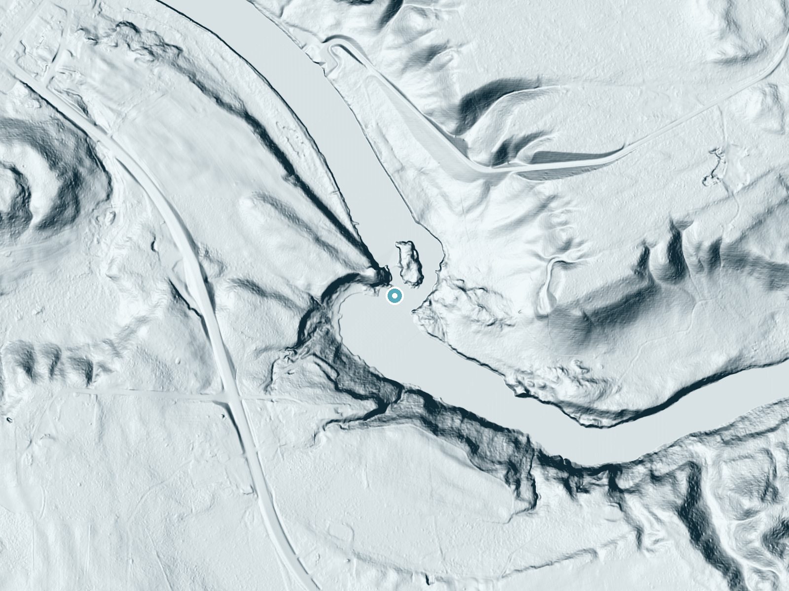 LiDAR bare-earth terrain around Sand Portage Falls near Niagara, Michigan, showing about 53 feet of drop, a long cascade, facing south