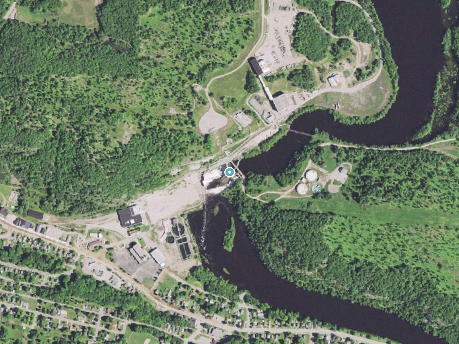 Aerial photo of the same ground around Little Quinnesec Falls near Niagara, Wisconsin, for comparison with the lidar view