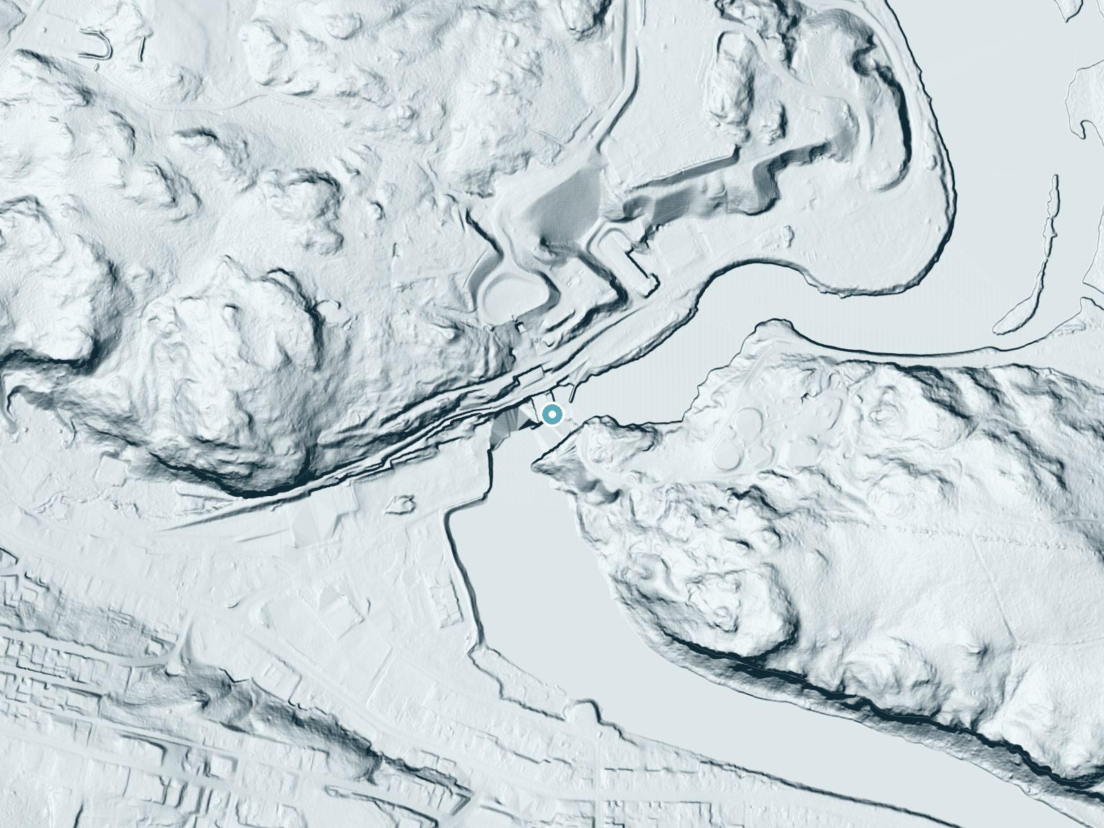 LiDAR bare-earth terrain around Little Quinnesec Falls near Niagara, Wisconsin, showing about 106 feet of drop, a steep tiered drop, facing southwest