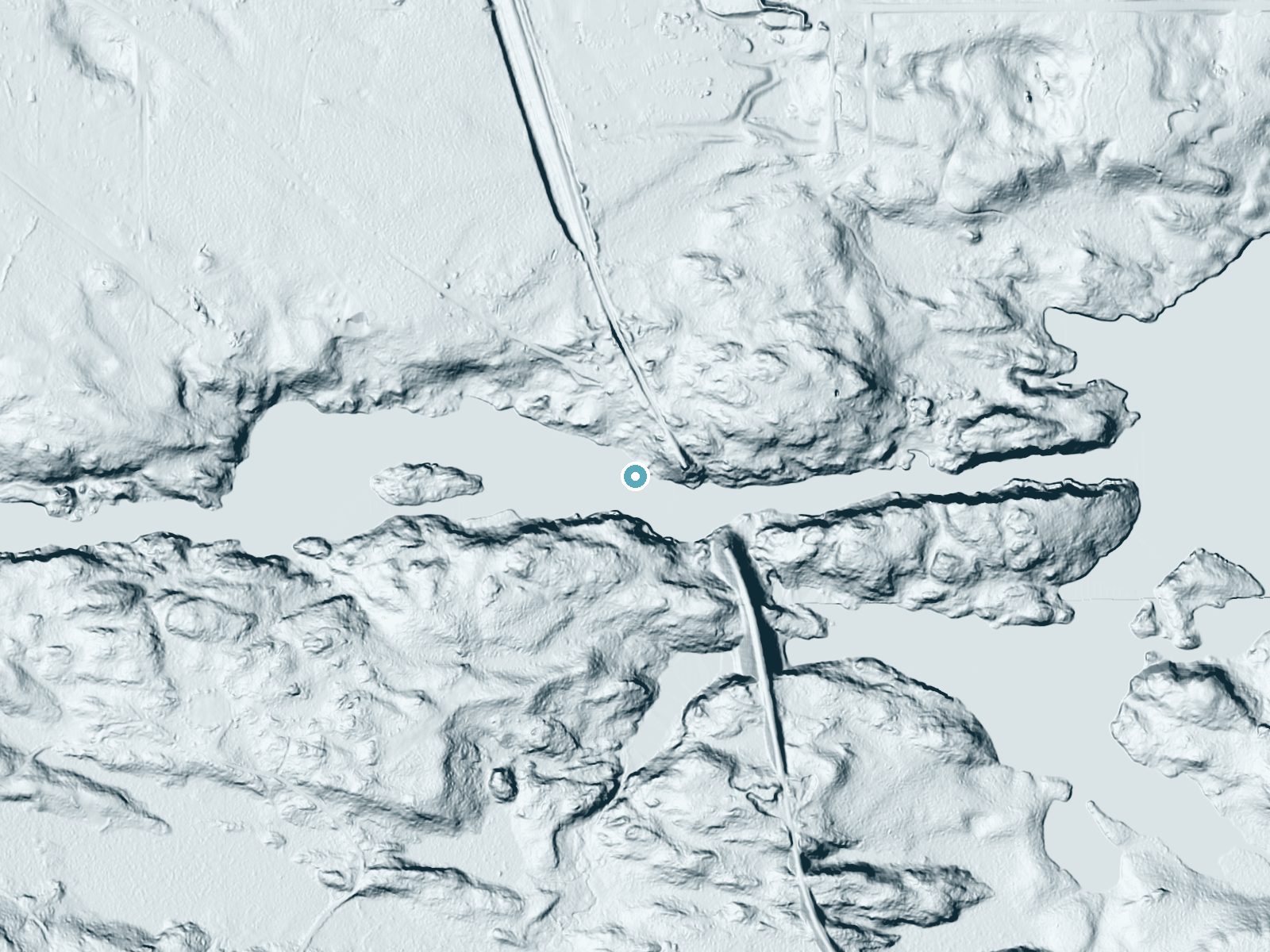 LiDAR bare-earth terrain around Horse Race Rapids near Iron Mountain, Michigan, showing about 62 feet of drop, a steep tiered drop, facing southwest