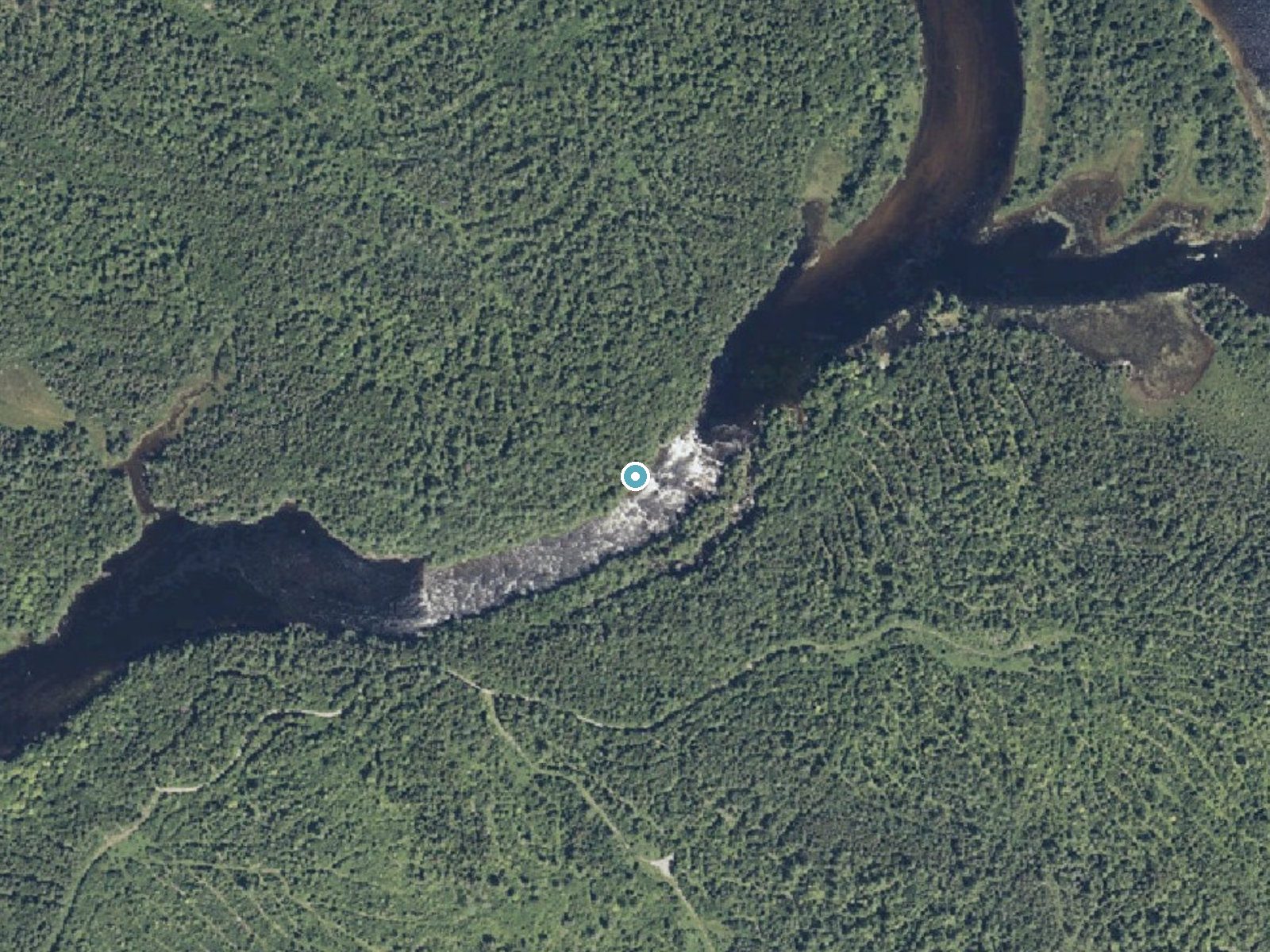 Aerial photo of the same ground around Debsconeag Falls near Brownville Junction, Maine, for comparison with the lidar view