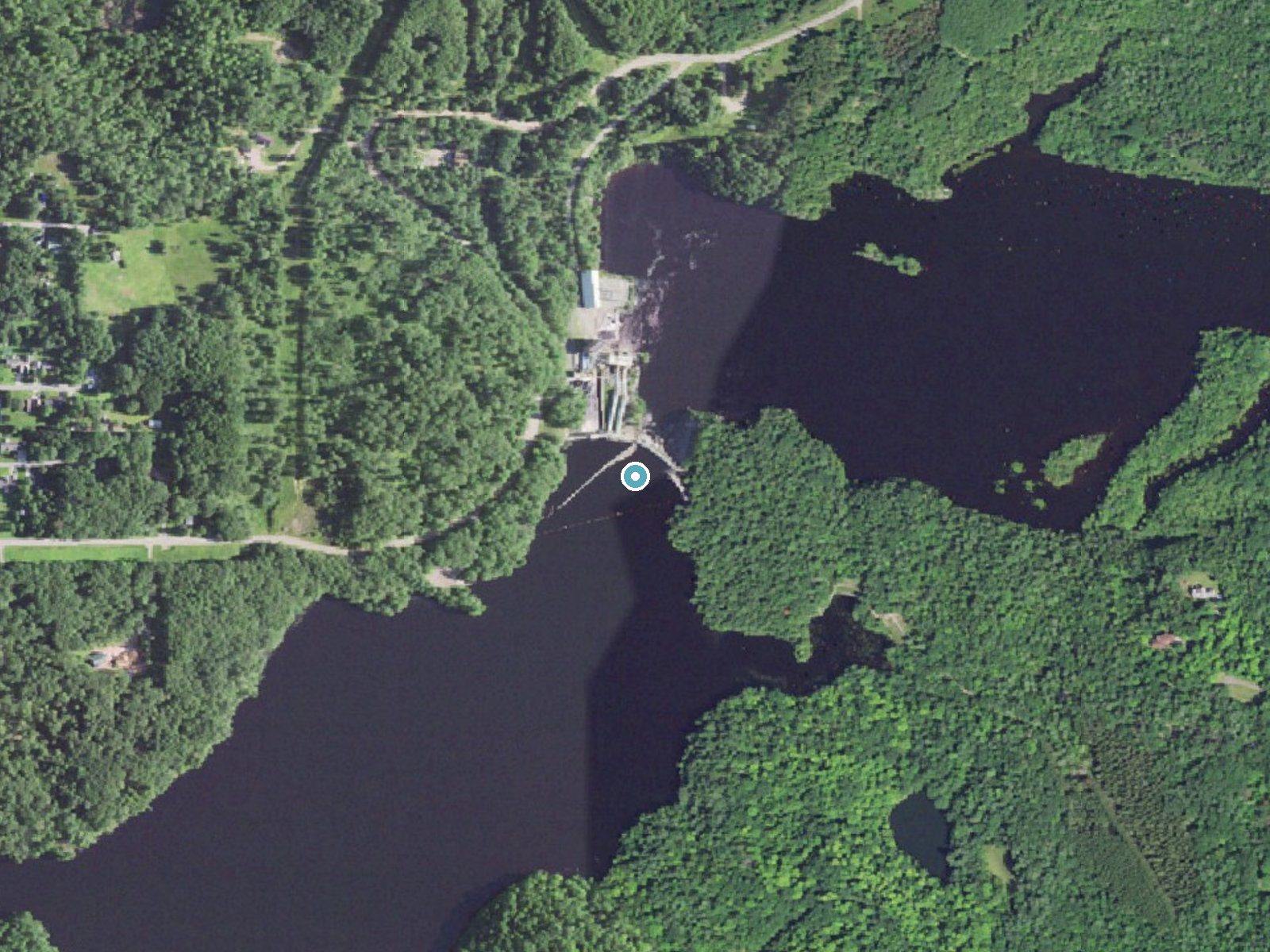 Aerial photo of the same ground around Big Quinnesec Falls (historical) near Niagara, Wisconsin, for comparison with the lidar view