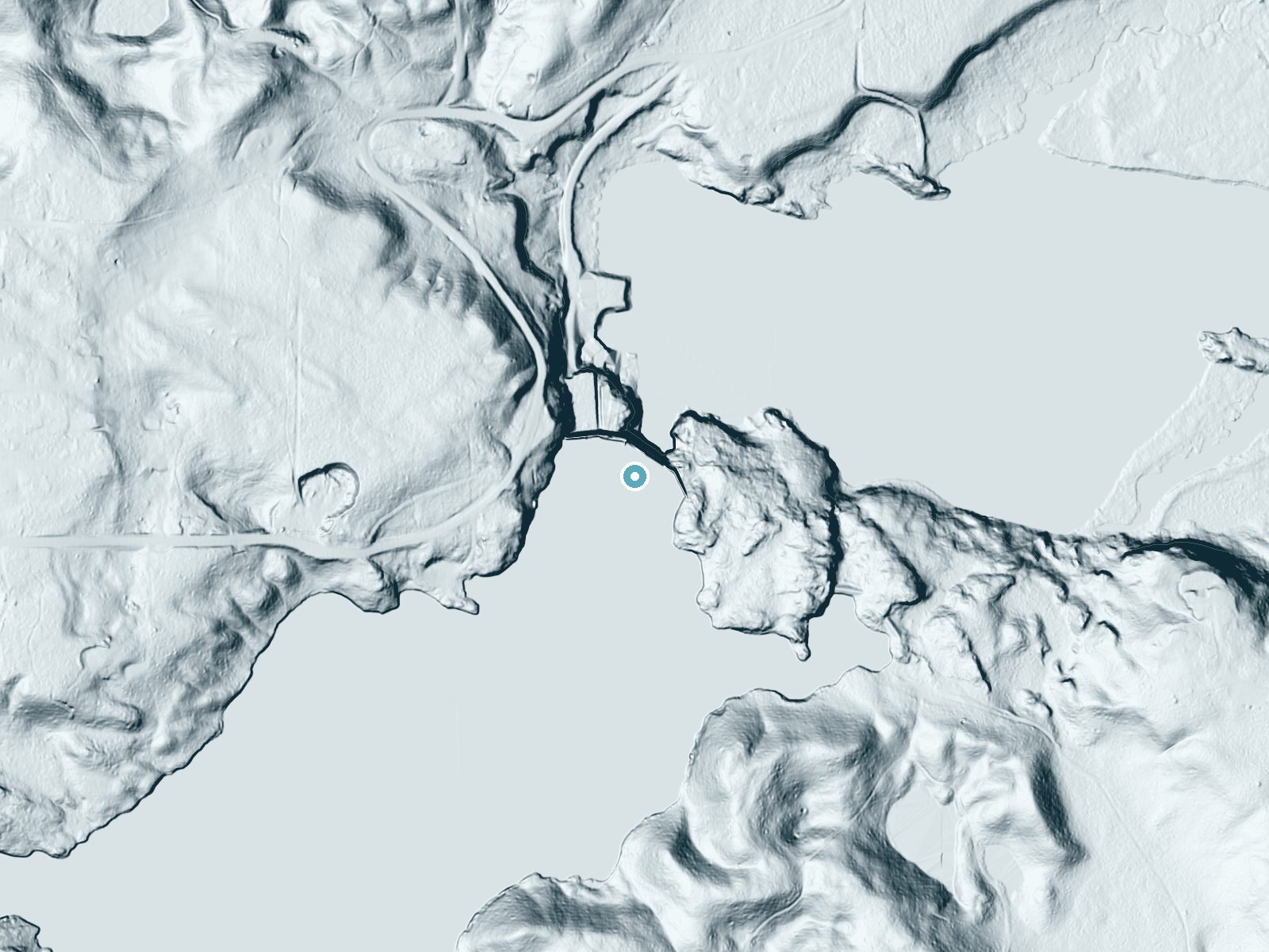 LiDAR bare-earth terrain around Big Quinnesec Falls (historical) near Niagara, Wisconsin, showing about 96 feet of drop, a steep tiered drop, facing northeast
