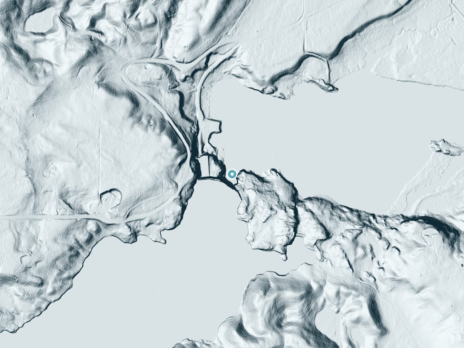 LiDAR bare-earth terrain around Hydraulic Dam Falls near Niagara, Michigan, showing about 93 feet of drop, a single sheer drop, facing north