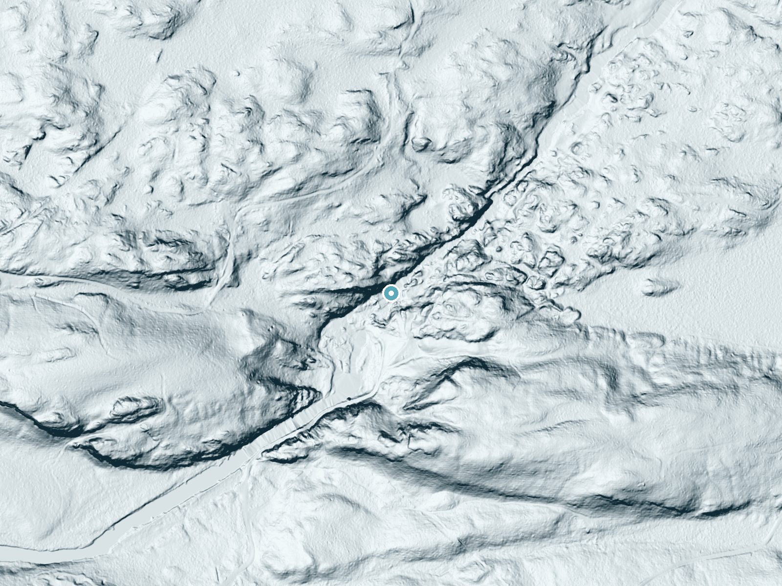 LiDAR bare-earth terrain around Power Dam Falls near Norway, Michigan, showing about 97 feet of drop, a steep tiered drop, facing south