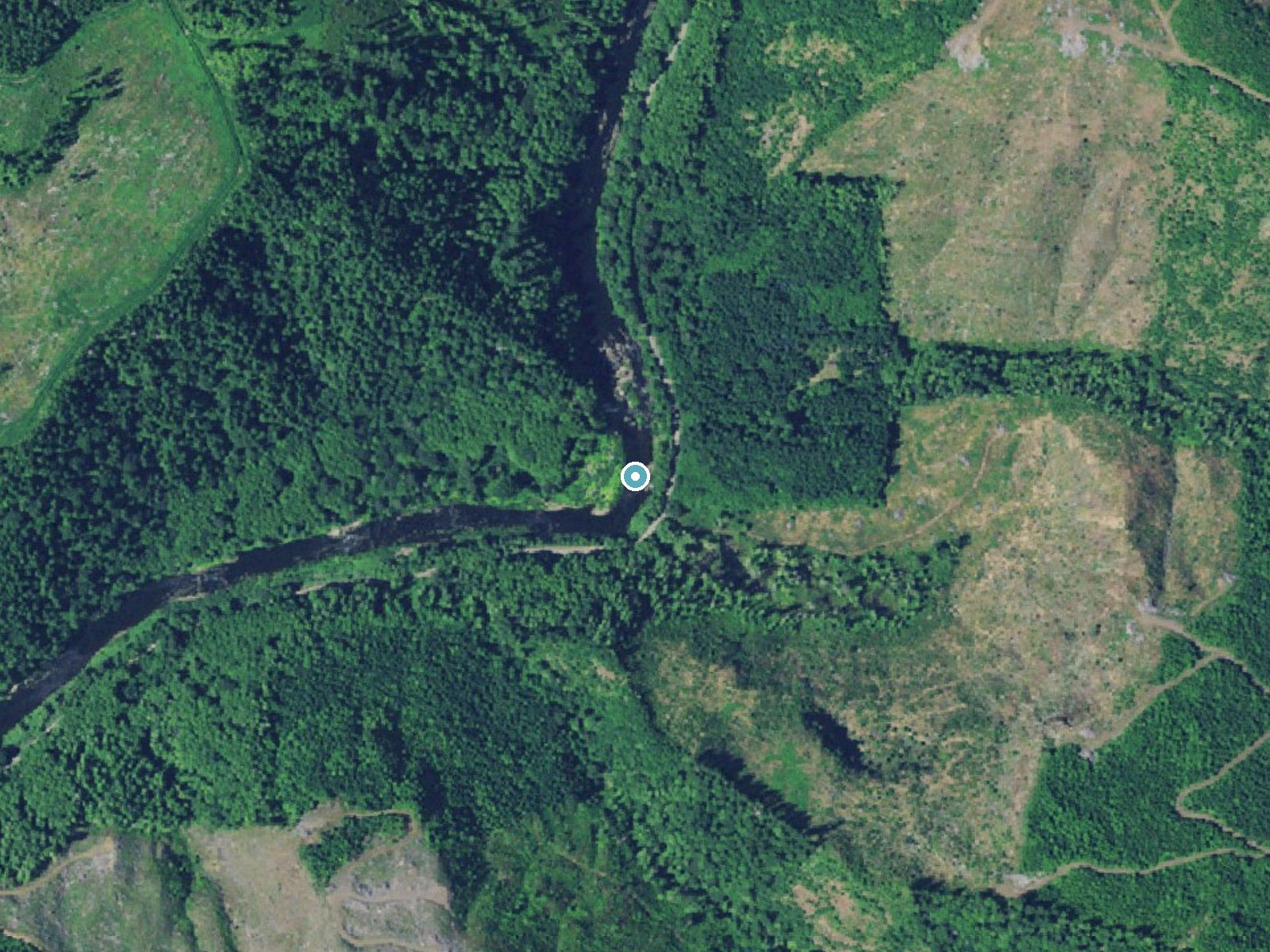 Aerial photo of the same ground around Little Falls near Nehalem, Oregon, for comparison with the lidar view