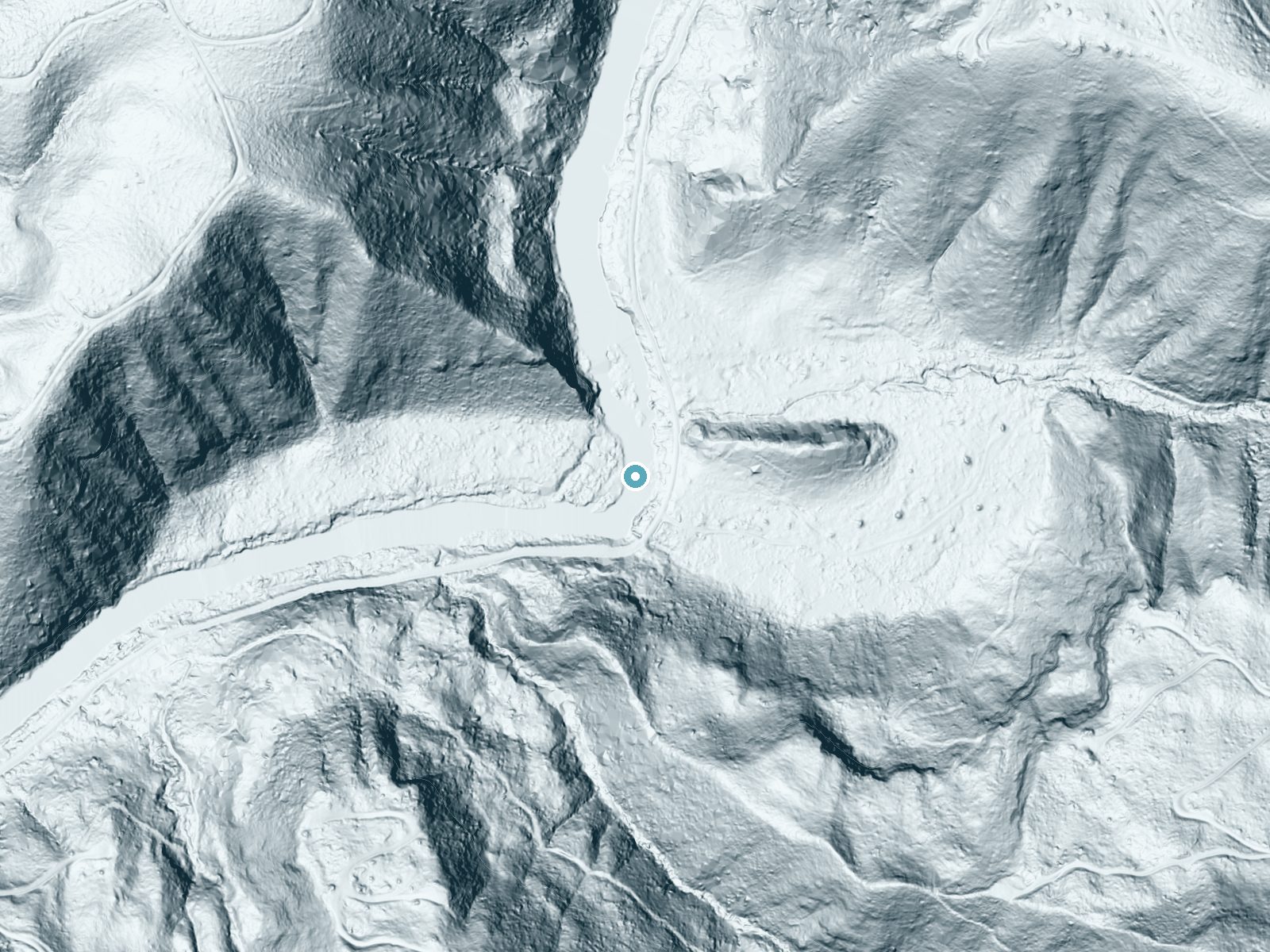 LiDAR bare-earth terrain around Little Falls near Nehalem, Oregon, showing about 26 feet of drop, a long cascade, facing west