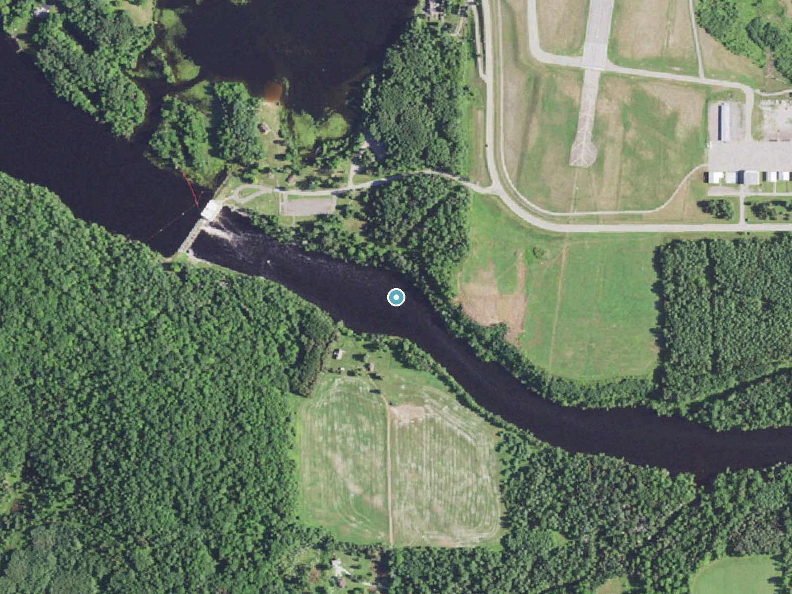Aerial photo of the same ground around Ford Dam Falls near Kingsford, Michigan, for comparison with the lidar view