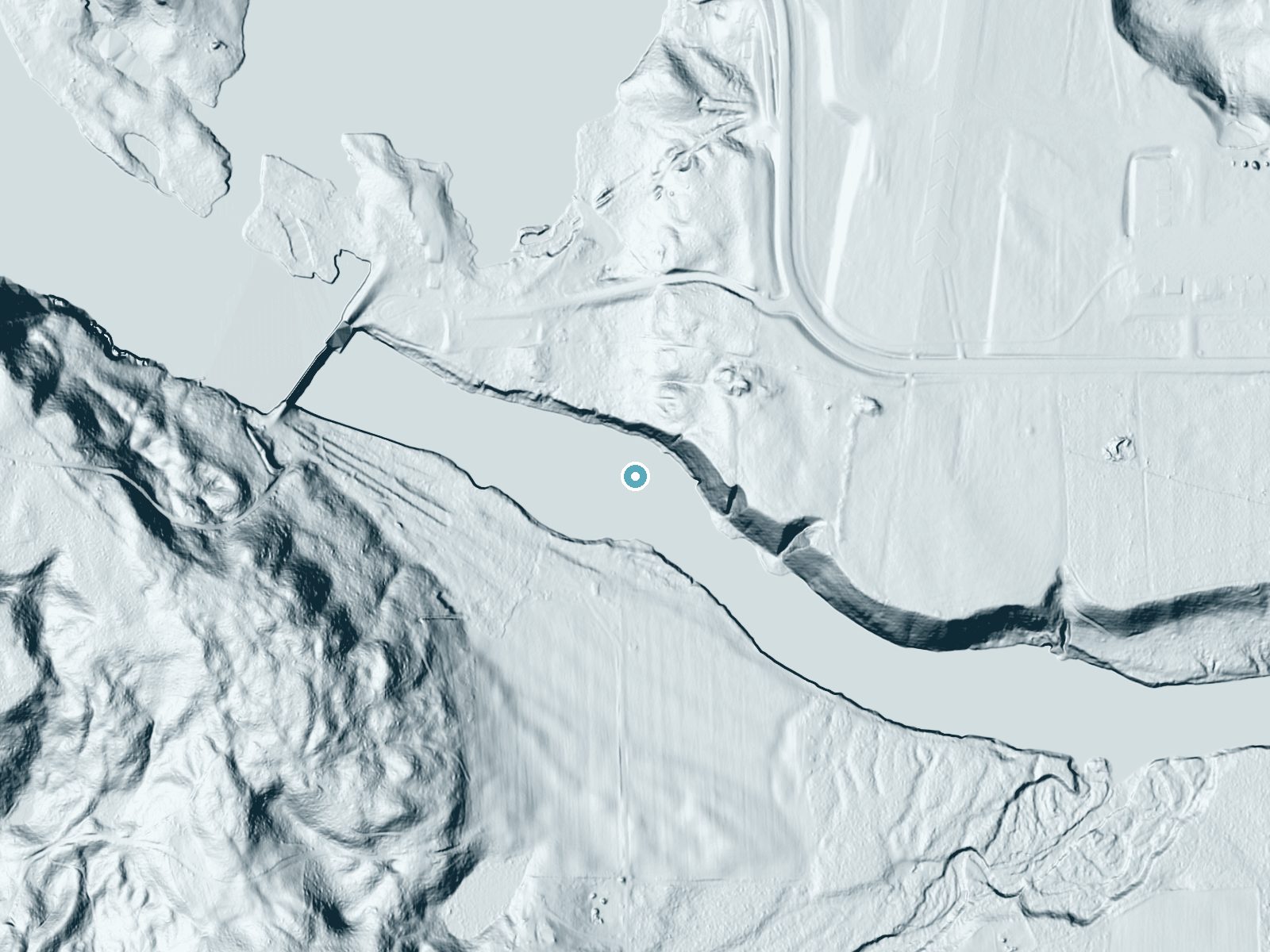 LiDAR bare-earth terrain around Ford Dam Falls near Kingsford, Michigan, showing about 60 feet of drop, a steep tiered drop, facing southwest