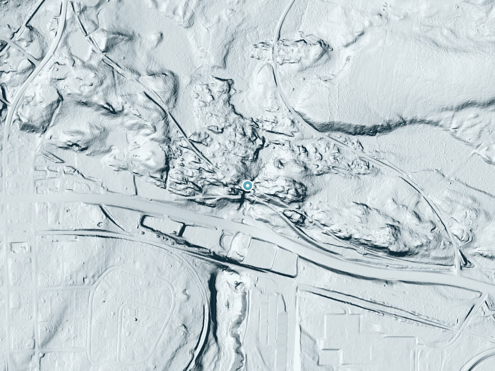 LiDAR bare-earth terrain around Fumee Falls near Quinnesec, Michigan, showing about 97 feet of drop, a long cascade, facing south