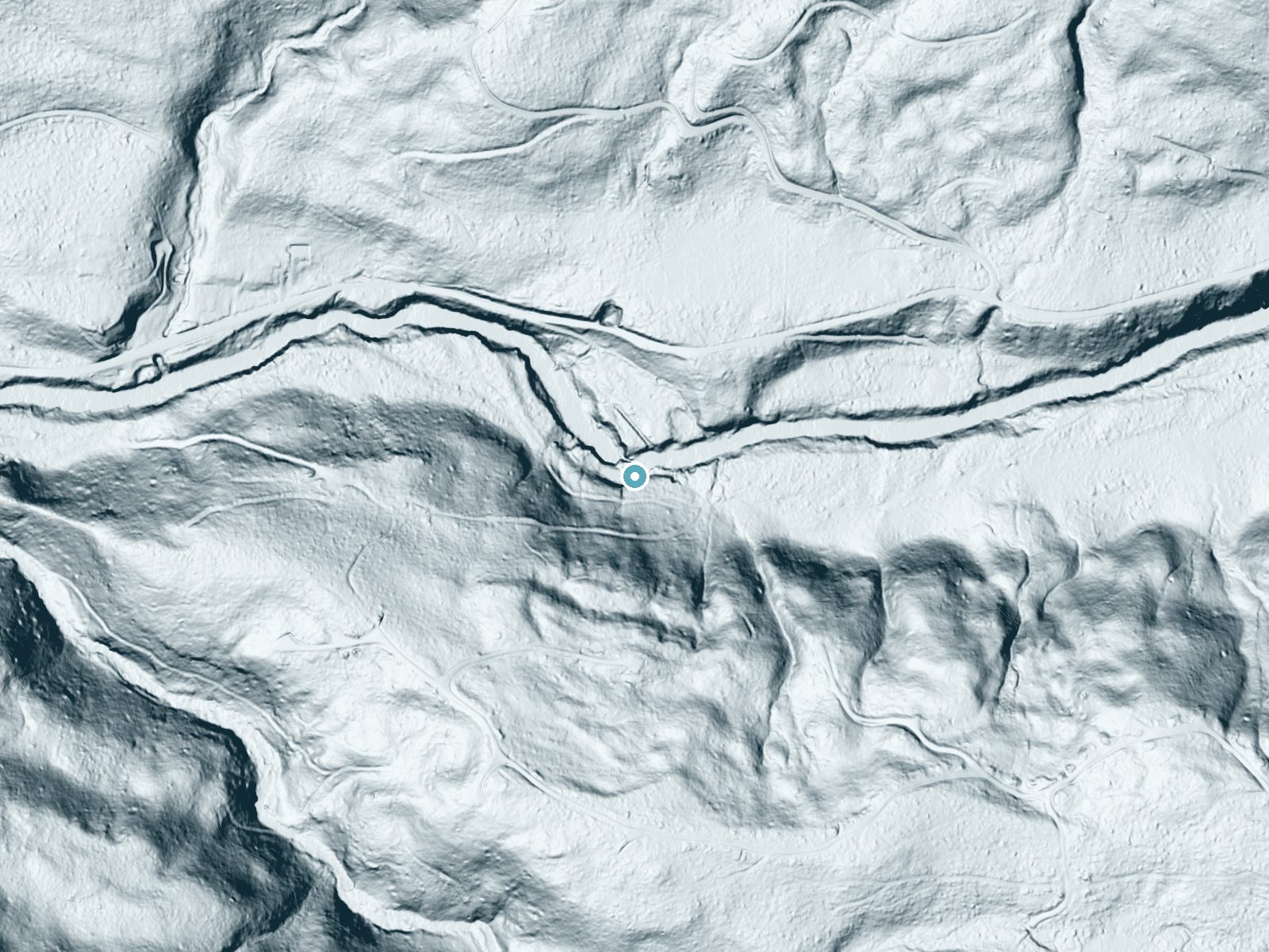 LiDAR bare-earth terrain around Horseshoe Falls near Yacolt, Washington, showing about 124 feet of drop, a steep tiered drop, facing north
