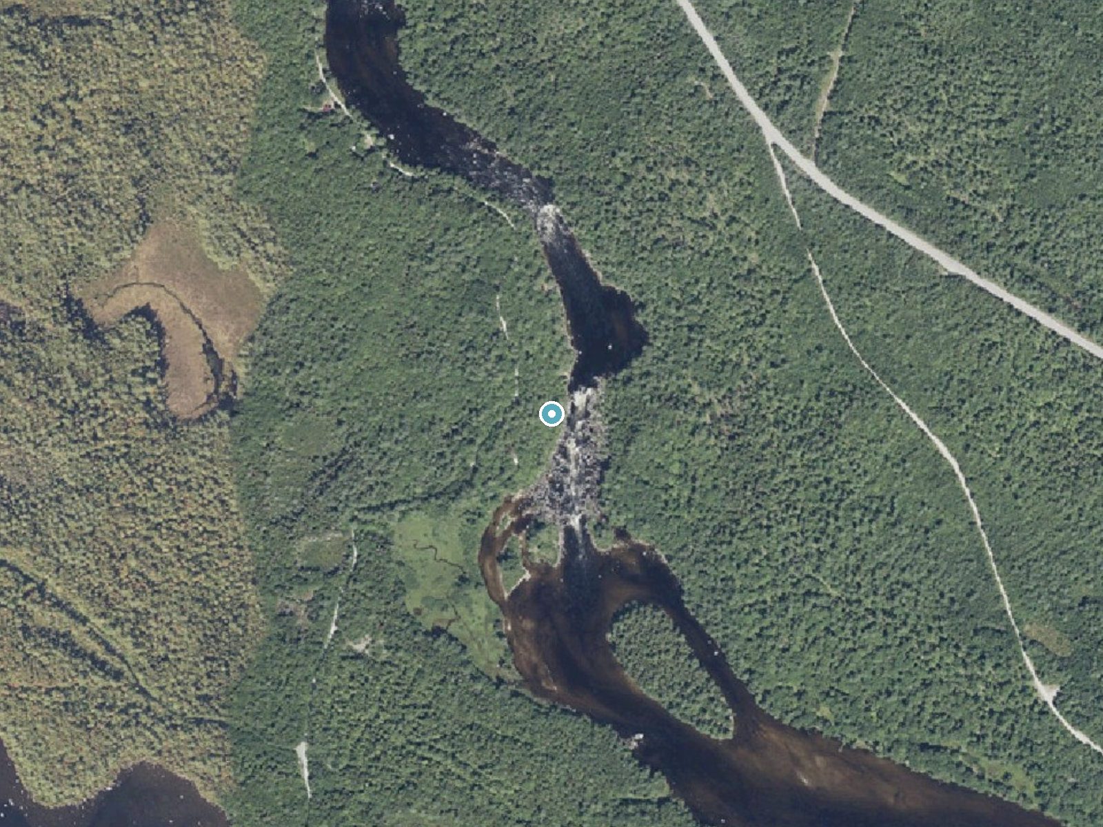Aerial photo of the same ground around Pockwockamus Falls near Brownville Junction, Maine, for comparison with the lidar view
