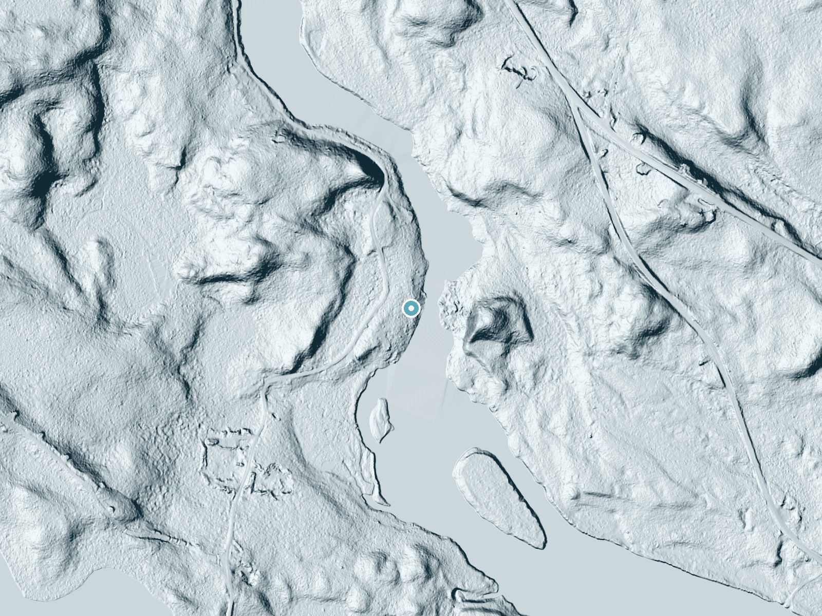 LiDAR bare-earth terrain around Pockwockamus Falls near Brownville Junction, Maine, showing about 21 feet of drop, a long cascade, facing southeast