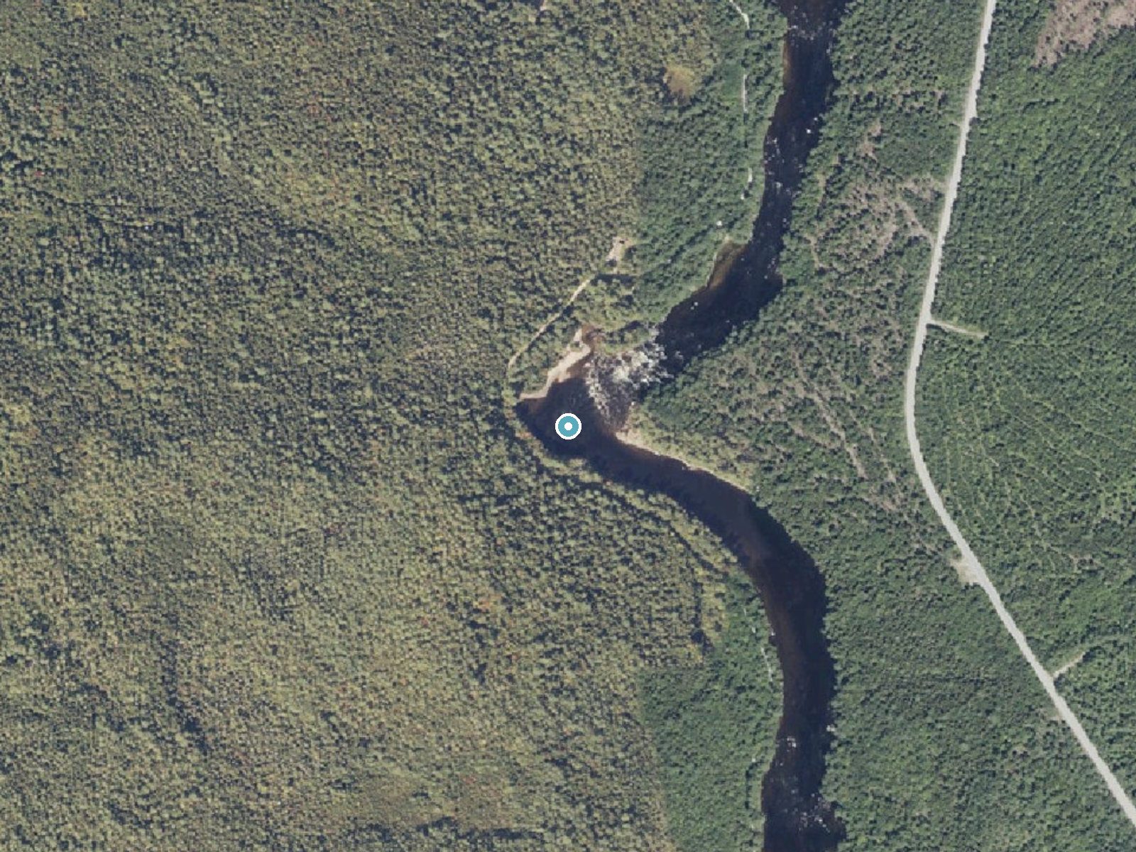 Aerial photo of the same ground around Abol Falls near Brownville Junction, Maine, for comparison with the lidar view