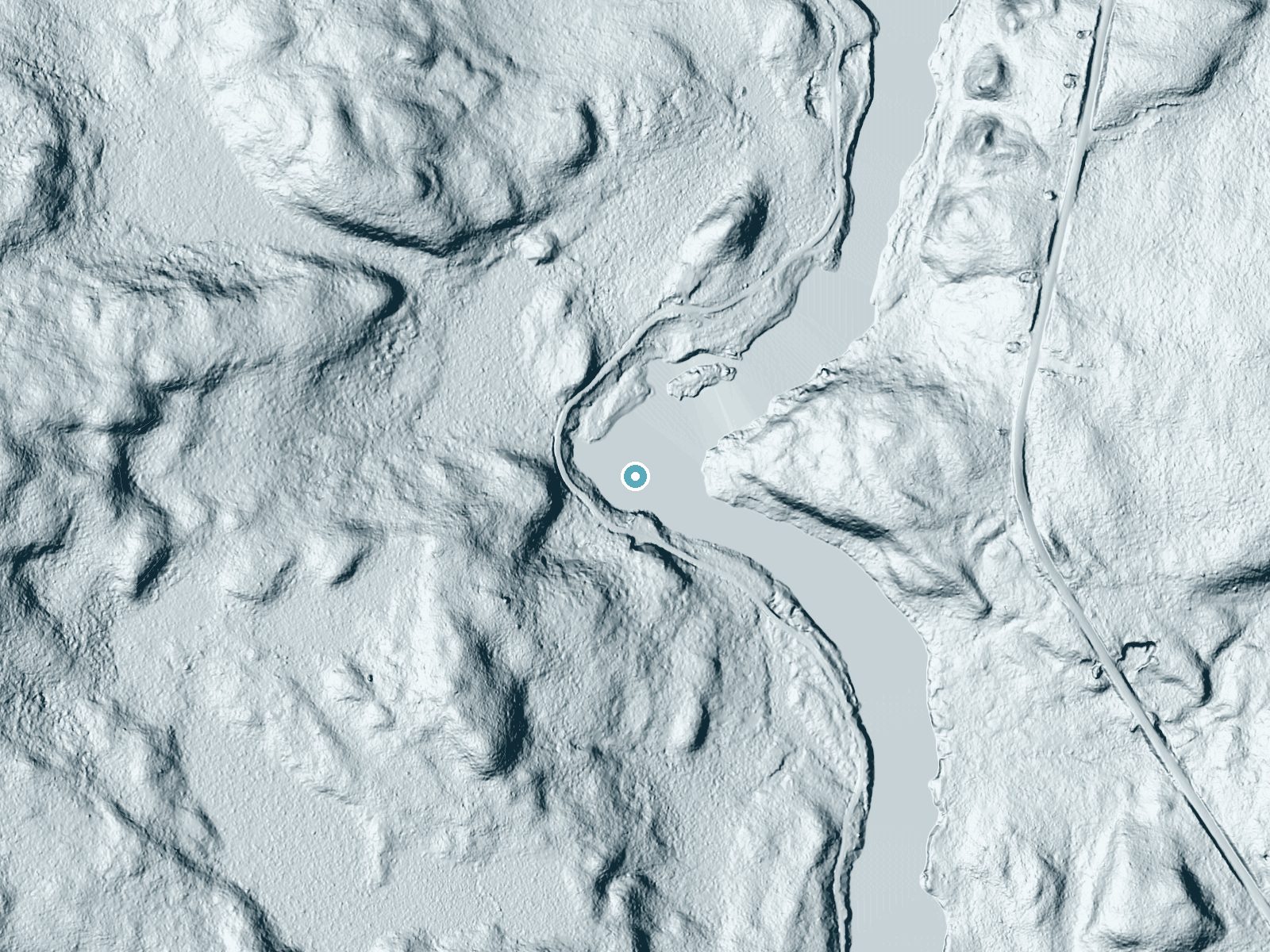 LiDAR bare-earth terrain around Abol Falls near Brownville Junction, Maine, showing about 15 feet of drop, a long cascade, facing northeast