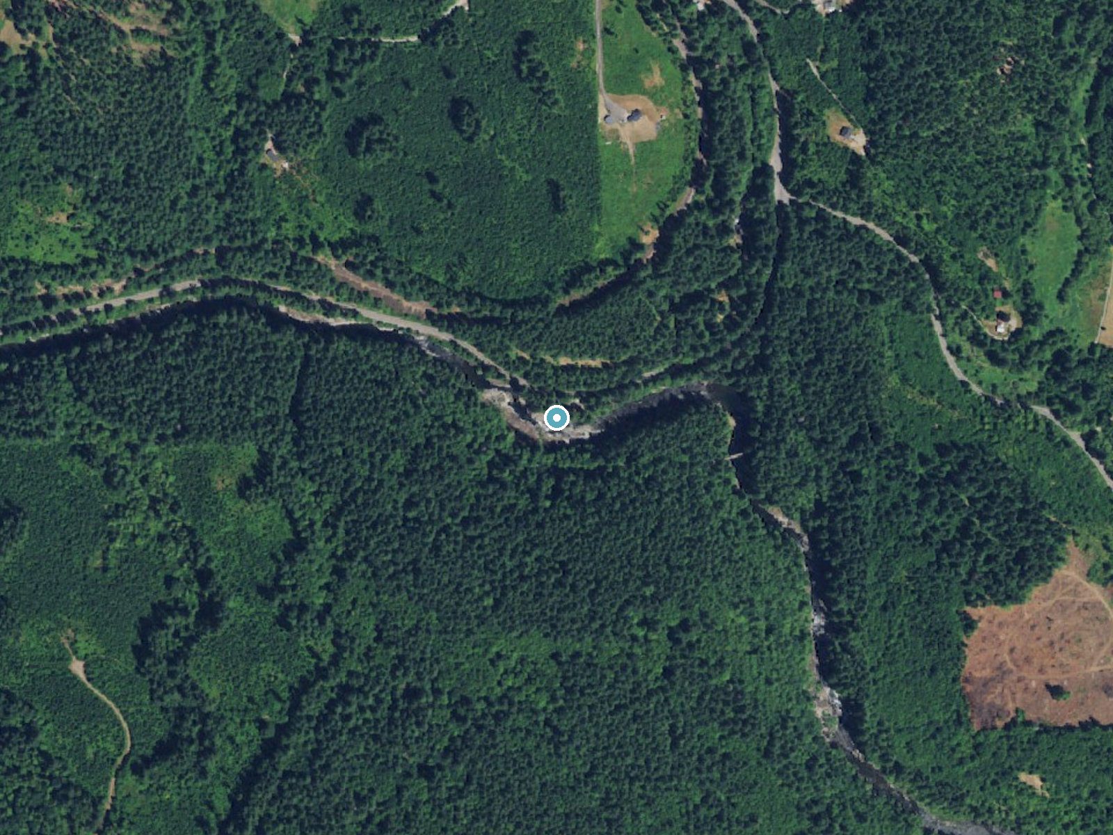 Aerial photo of the same ground around Moulton Falls near Yacolt, Washington, for comparison with the lidar view
