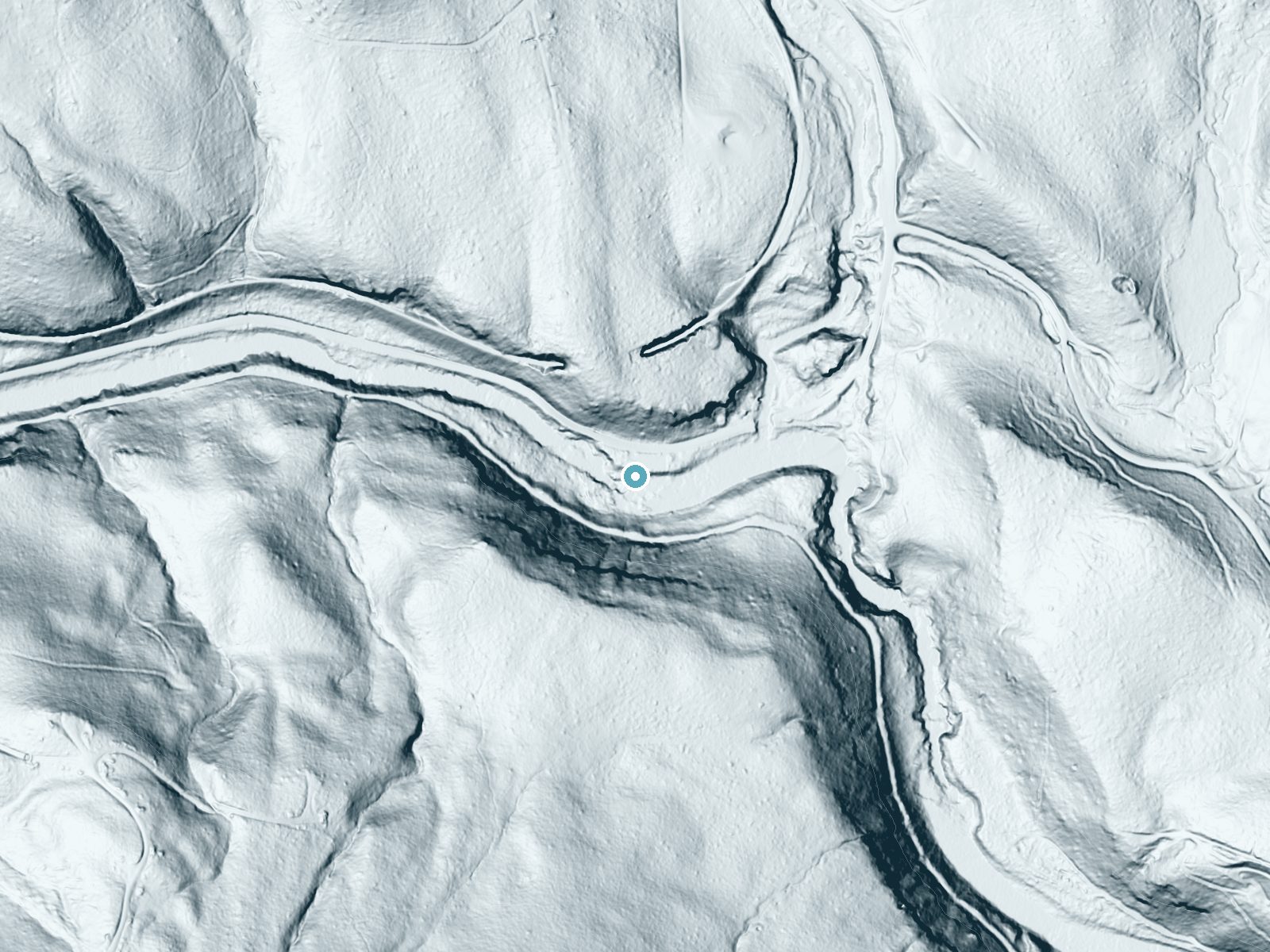 LiDAR bare-earth terrain around Moulton Falls near Yacolt, Washington, showing about 85 feet of drop, a steep tiered drop, facing southwest