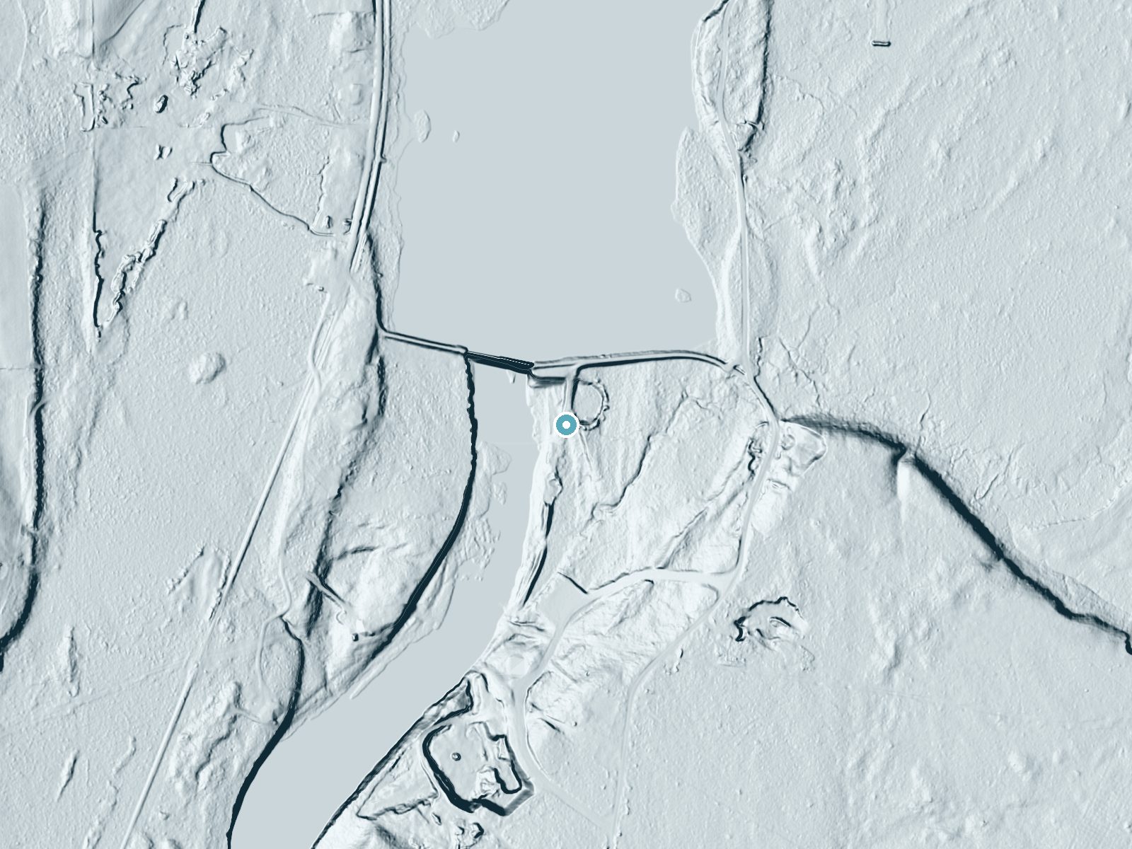 LiDAR bare-earth terrain around Chandler Falls near Gladstone, Michigan, showing about 32 feet of drop, a long cascade, facing southwest