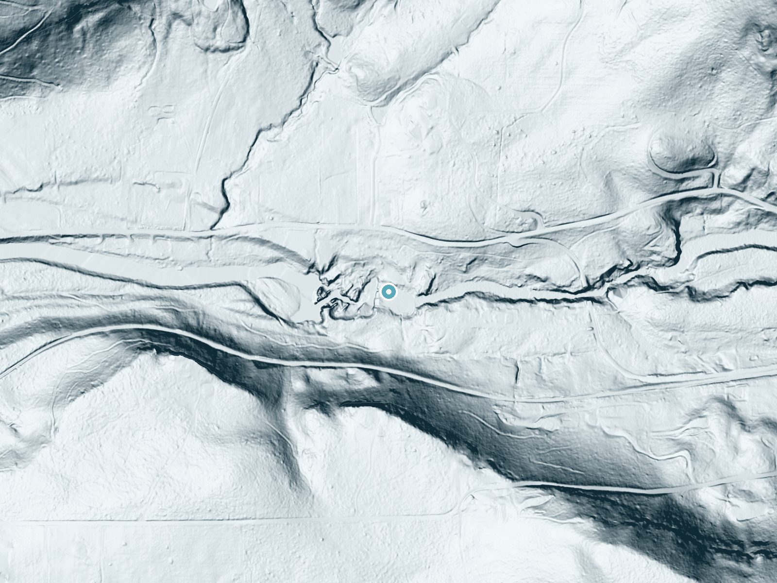 LiDAR bare-earth terrain around Lucia Falls near Yacolt, Washington, showing about 47 feet of drop, a long cascade, facing southwest