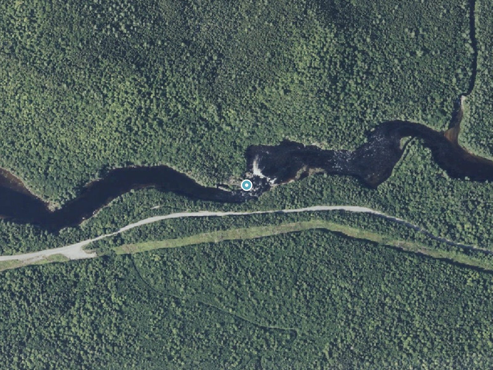 Aerial photo of the same ground around Nesowadnehunk Falls near Brownville Junction, Maine, for comparison with the lidar view