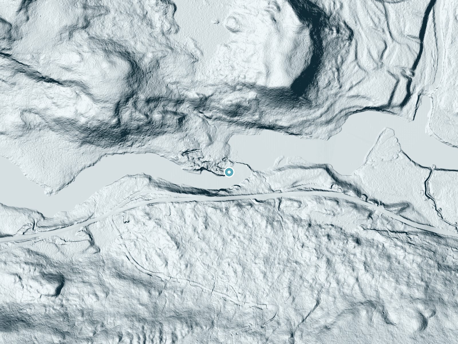 LiDAR bare-earth terrain around Nesowadnehunk Falls near Brownville Junction, Maine, showing about 40 feet of drop, a long cascade, facing northeast