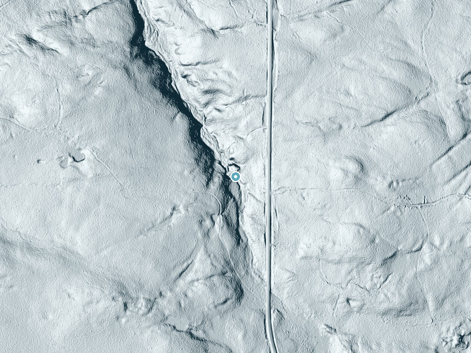 LiDAR bare-earth terrain around Pipestone Falls near New Post, Wisconsin, showing about 52 feet of drop, a long cascade, facing northwest