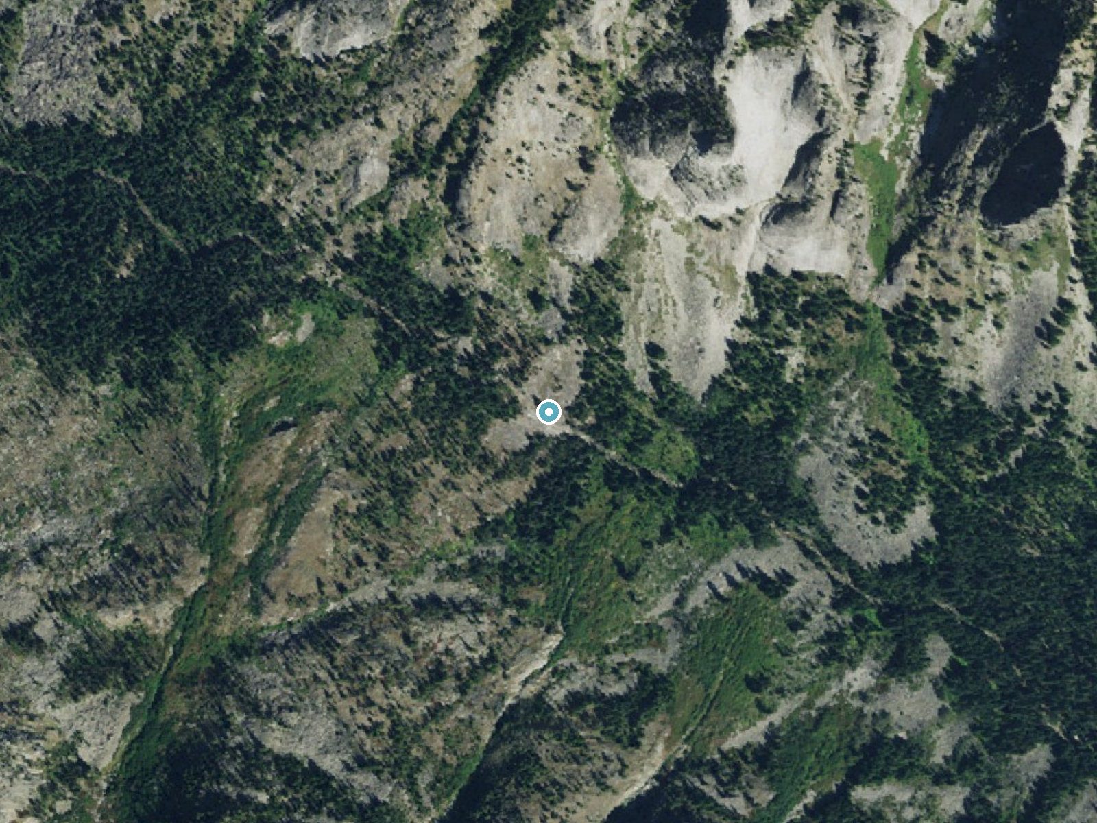 Aerial photo of the same ground around Boulder Falls near Conner, Montana, for comparison with the lidar view