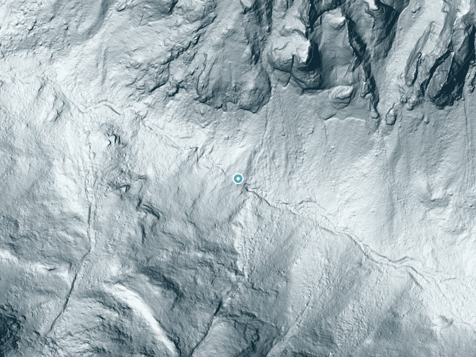 LiDAR bare-earth terrain around Boulder Falls near Conner, Montana, showing about 134 feet of drop, a steep tiered drop, facing southeast