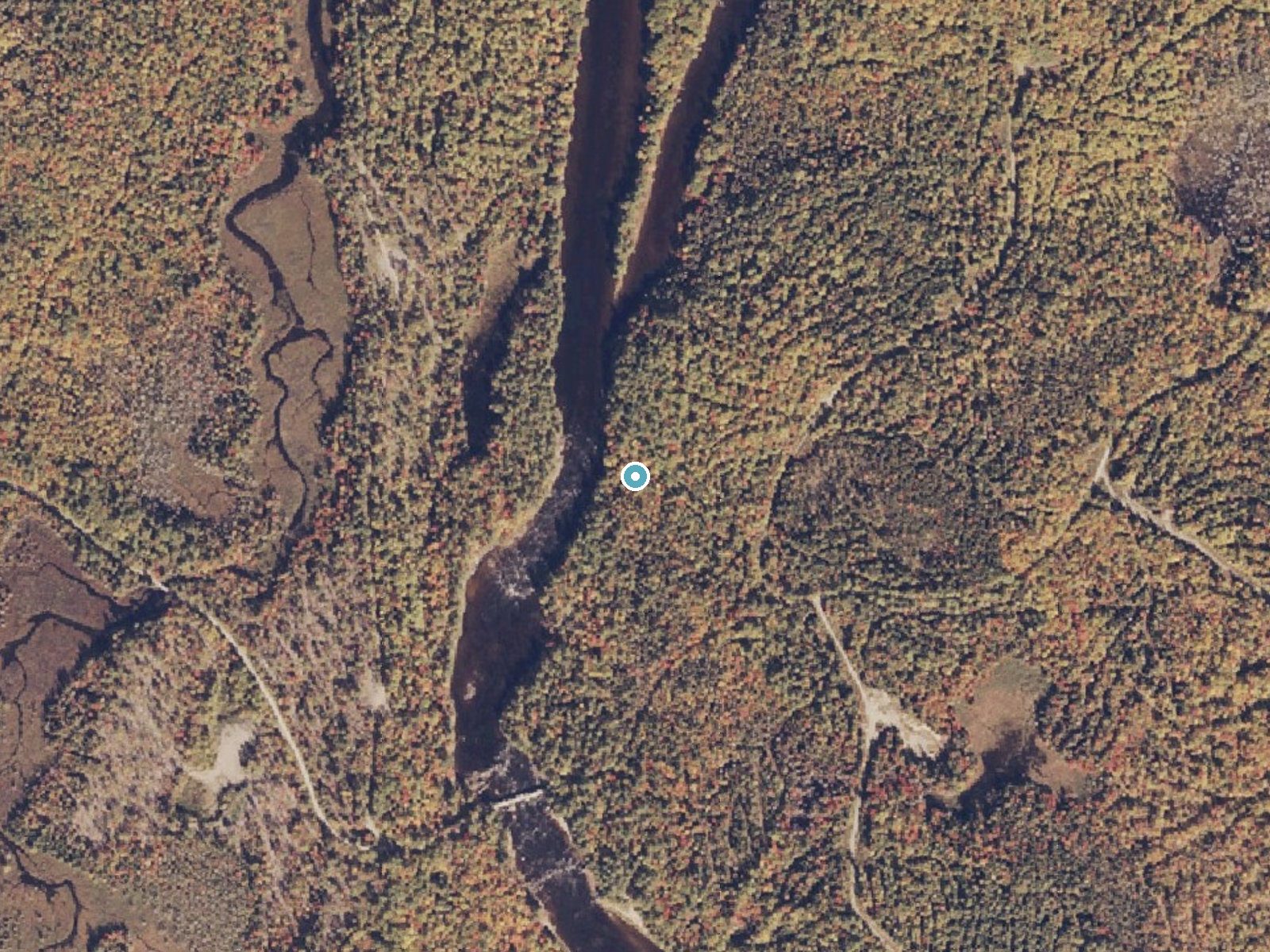 Aerial photo of the same ground around Whetstone Falls near Patten, Maine, for comparison with the lidar view