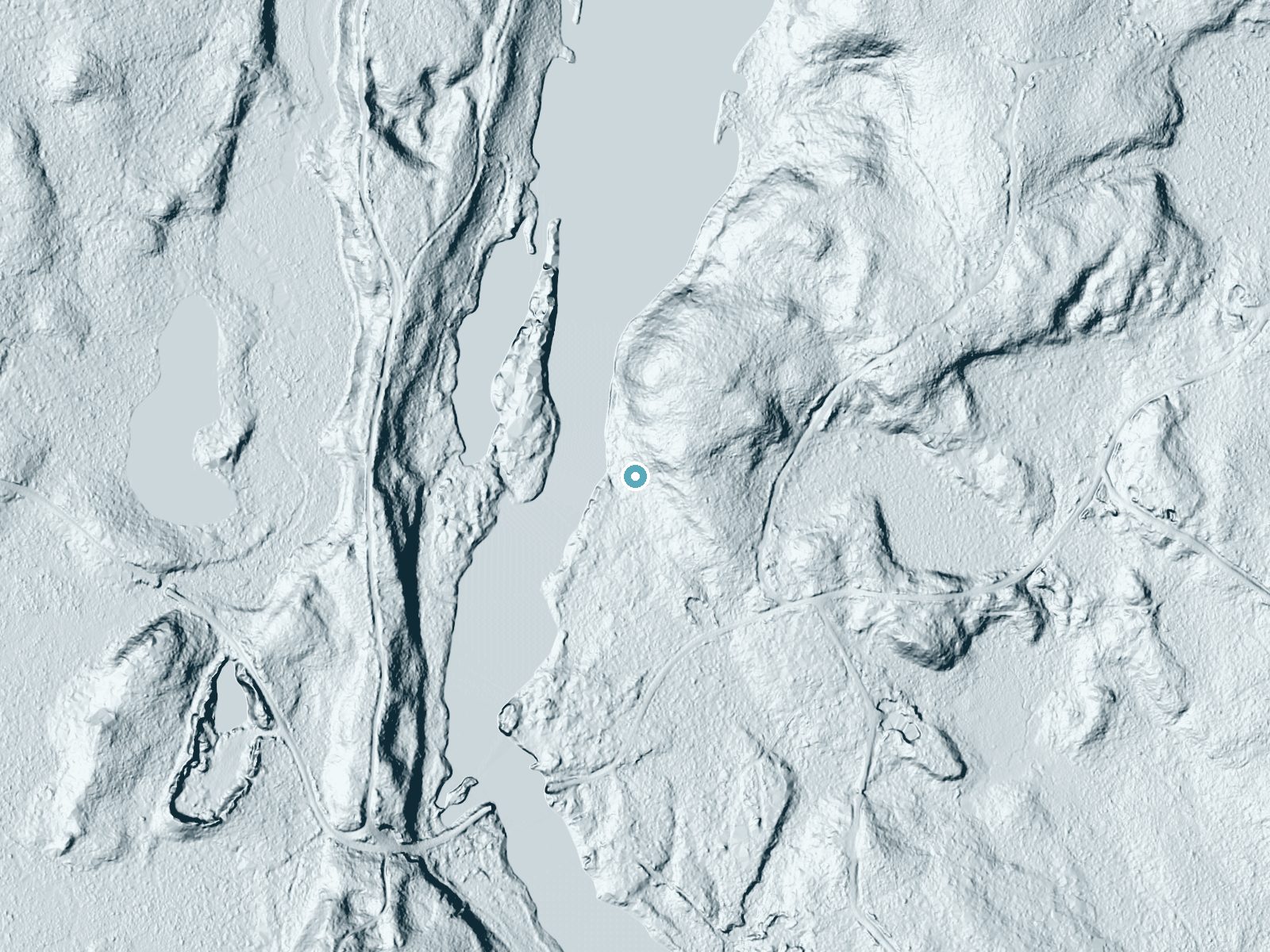 LiDAR bare-earth terrain around Whetstone Falls near Patten, Maine, showing about 69 feet of drop, a long cascade, facing west