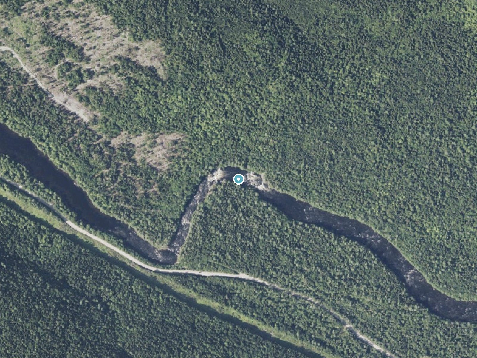 Aerial photo of the same ground around Big Ambejackmockamus Falls near Brownville Junction, Maine, for comparison with the lidar view