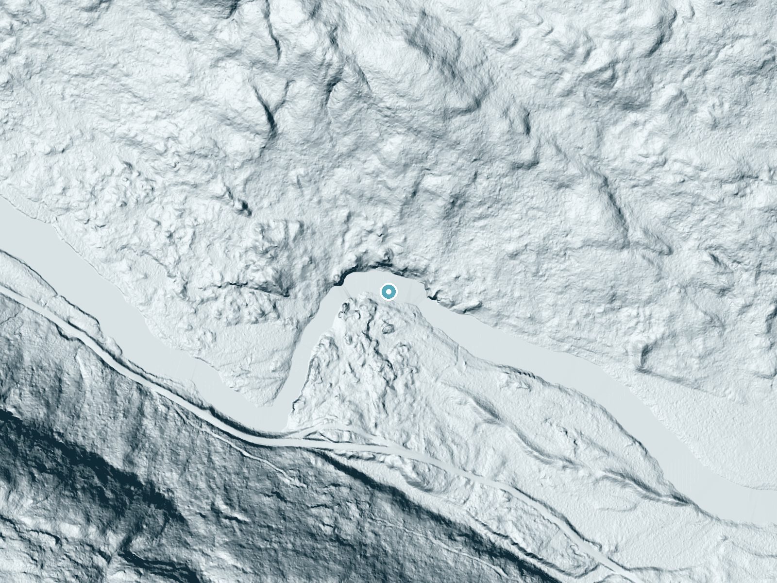 LiDAR bare-earth terrain around Big Ambejackmockamus Falls near Brownville Junction, Maine, showing about 62 feet of drop, a steep tiered drop, facing south