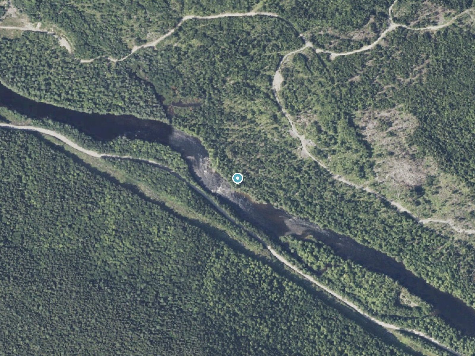 Aerial photo of the same ground around Little Ambejackmockamus Falls near Brownville Junction, Maine, for comparison with the lidar view