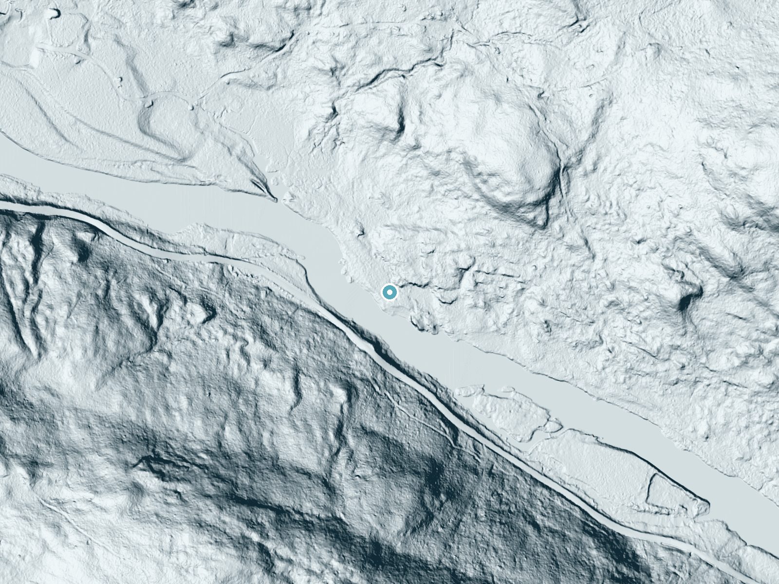 LiDAR bare-earth terrain around Little Ambejackmockamus Falls near Brownville Junction, Maine, showing about 33 feet of drop, a long cascade, facing southwest
