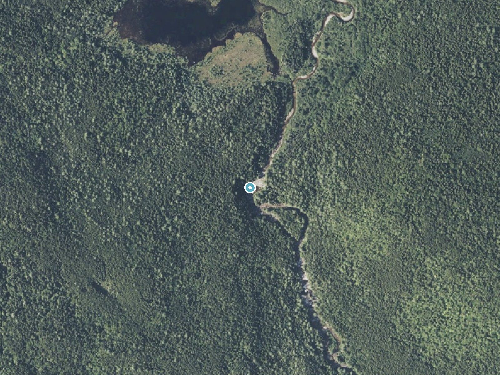 Aerial photo of the same ground around Little Niagara Falls near Brownville Junction, Maine, for comparison with the lidar view