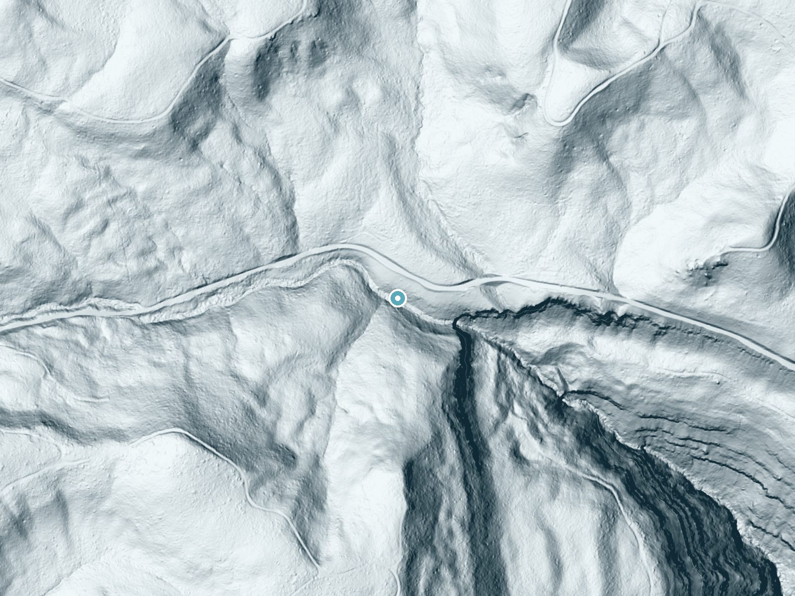 LiDAR bare-earth terrain around tíkem Falls near Wallowa, Oregon, showing about 99 feet of drop, a long cascade, facing south